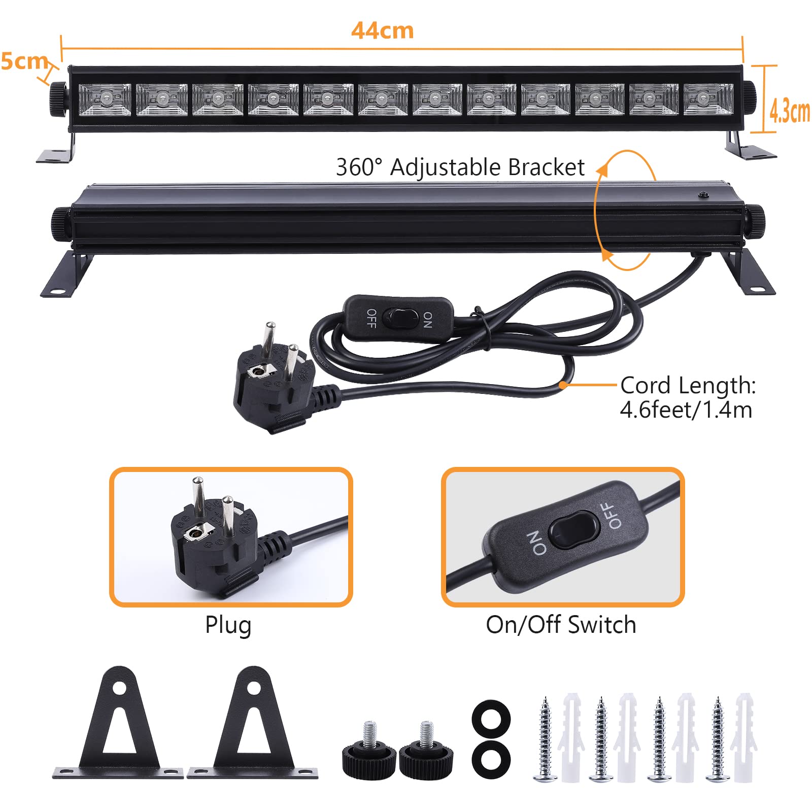 Luz Negra UV, Litake 36W 12 LED Luz Ultravioleta 390-400nm Clase UVA Longitud de onda LED Luz UV con Cable de Alimentación de 1.5M para Halloween, Pintura Corporal, Escenario y Decor de Fiestas
