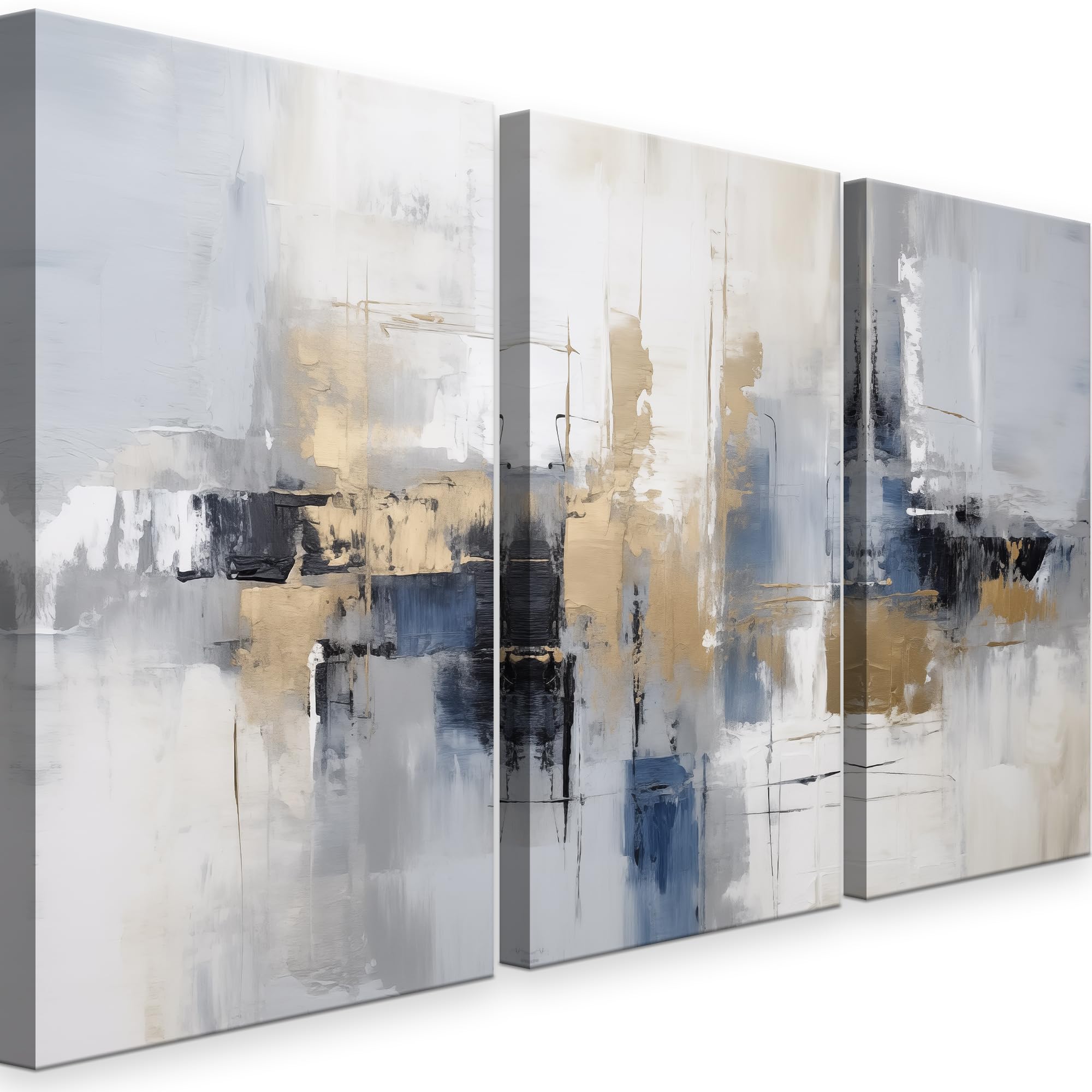 Cuadros Salon • Modernos • Lienzos decorativos • Decoración Pared • 120cm • Grande 3 piezas • Abstracto • 4 Océano • Decoracion Dormitorios • Comedor • Oficina • Pasillo (Azul, Plateado, Dorado)