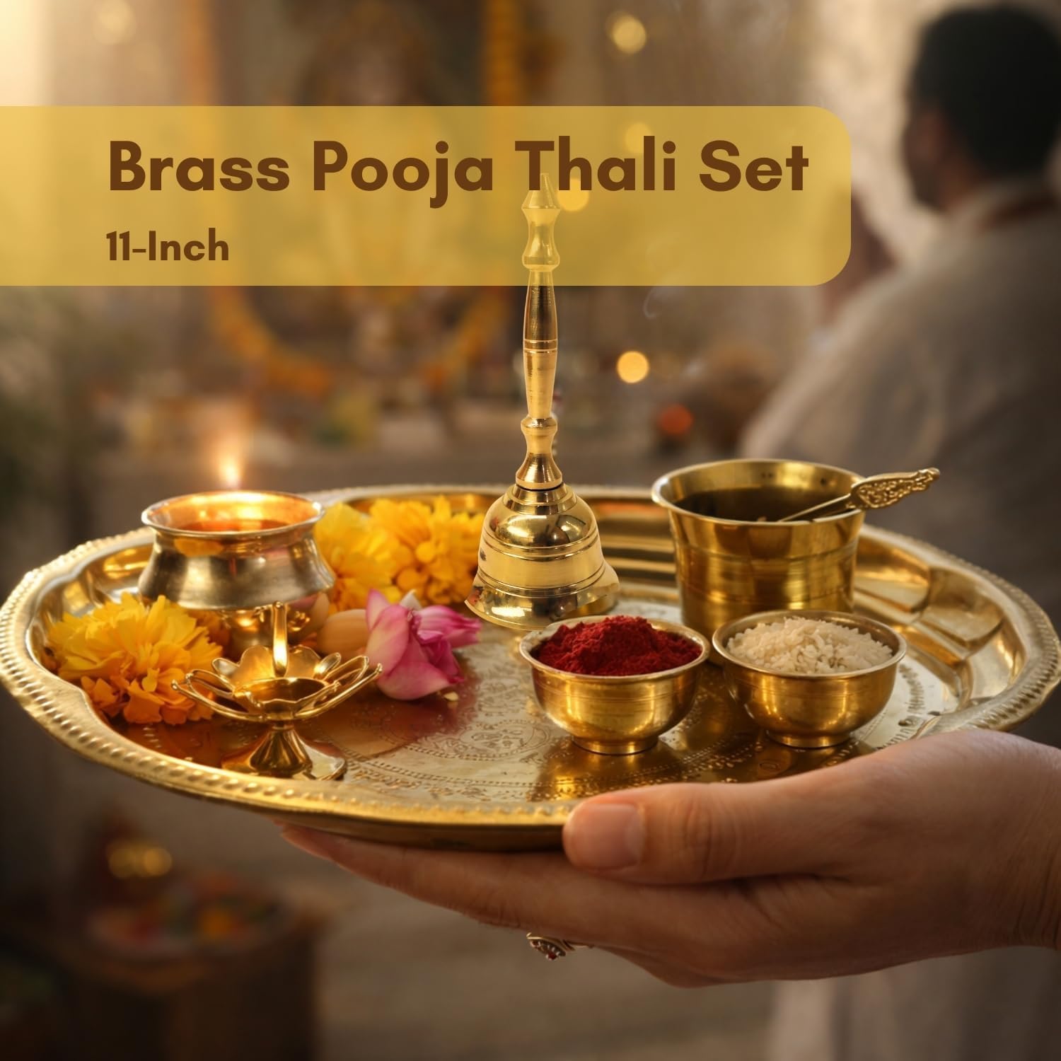 Vedic Charya 11 Inch Brass Puja Thali Set Flower Shape – Set of 7 Golden Traditional Plate, Decor Indian Religious Festivals & Worship for Shivratri, Navratri, Home Mandir, Office Wedding Return Gift