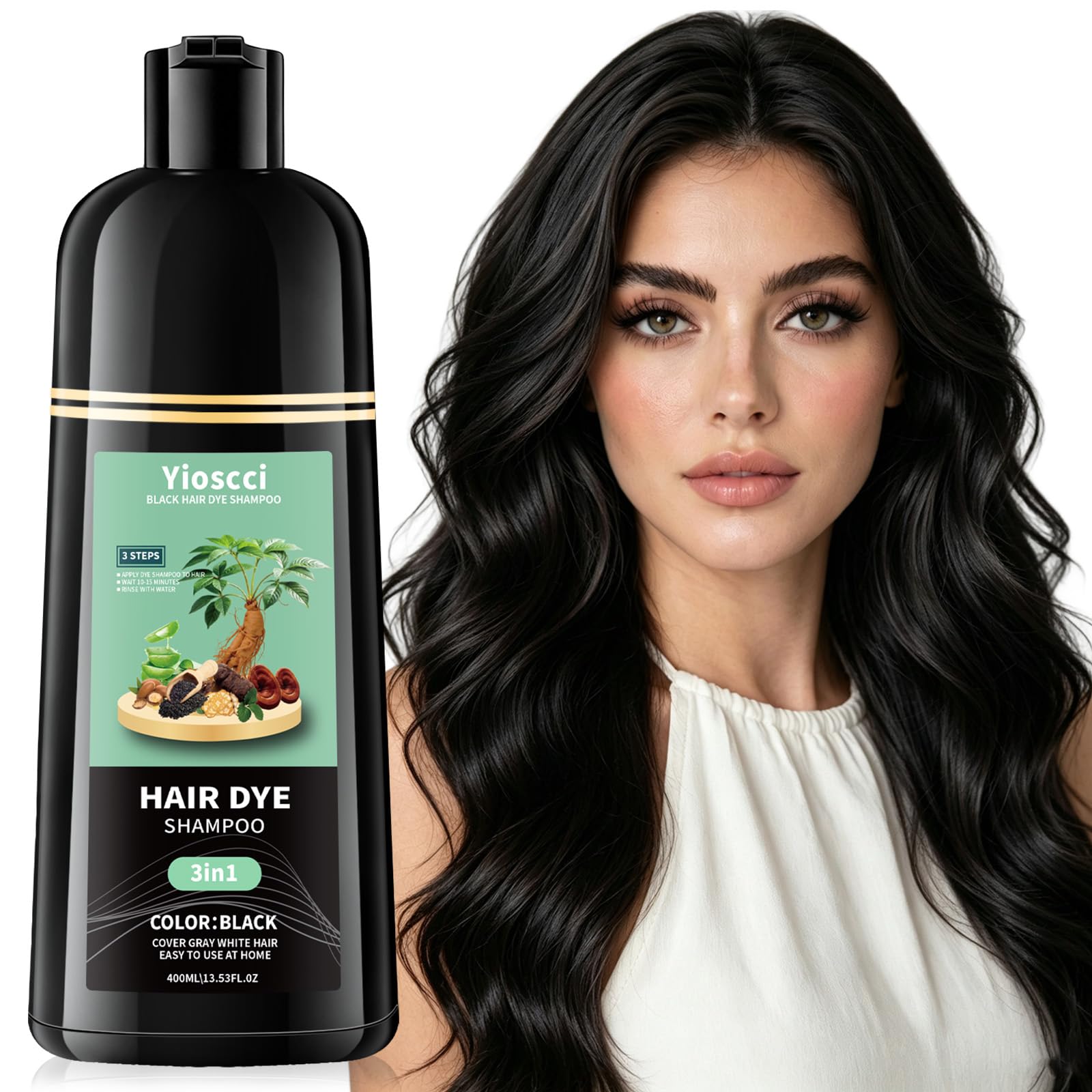 Black Hair Dye Shampoo for Gray Coverage, 3 In 1 Hair Color Shampoo