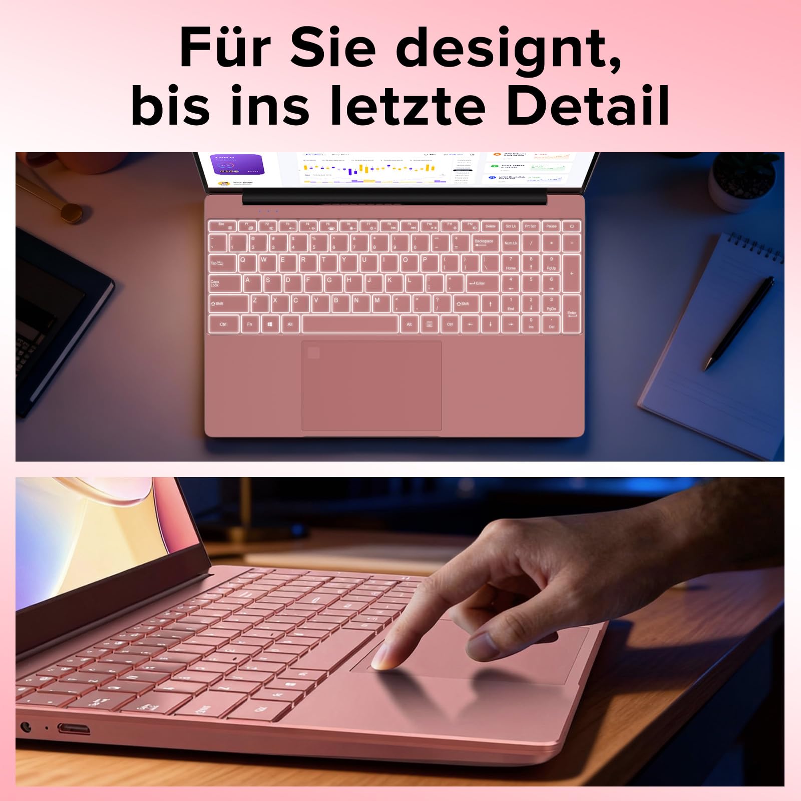 Laptop 15,6 Zoll 8GB RAM 256GB SSD Notebook Full HD IPS Display Roségold Hintergrundbeleuchtete Tastatur Fingerabdruck-Entsperrung Dual-Band WLAN HDMI USB 3.0 für Schule Studium Home Office A