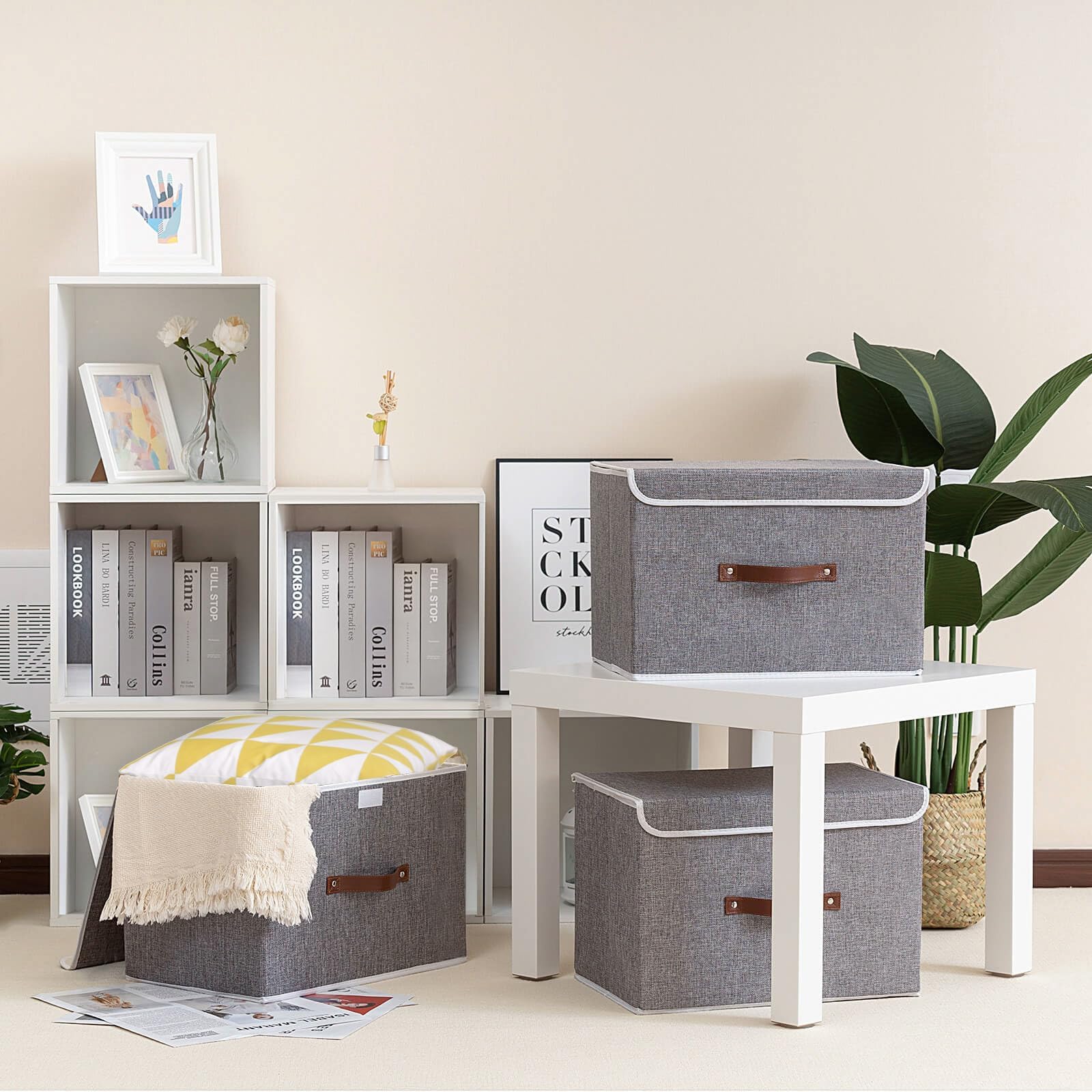 Yawinhe Storage Boxes with Lids 2 Pack, Collapsible Bin with Handle, for Organizing Clothes 33x23x20cm, Grey, SNK018GYS-2 - Image 2