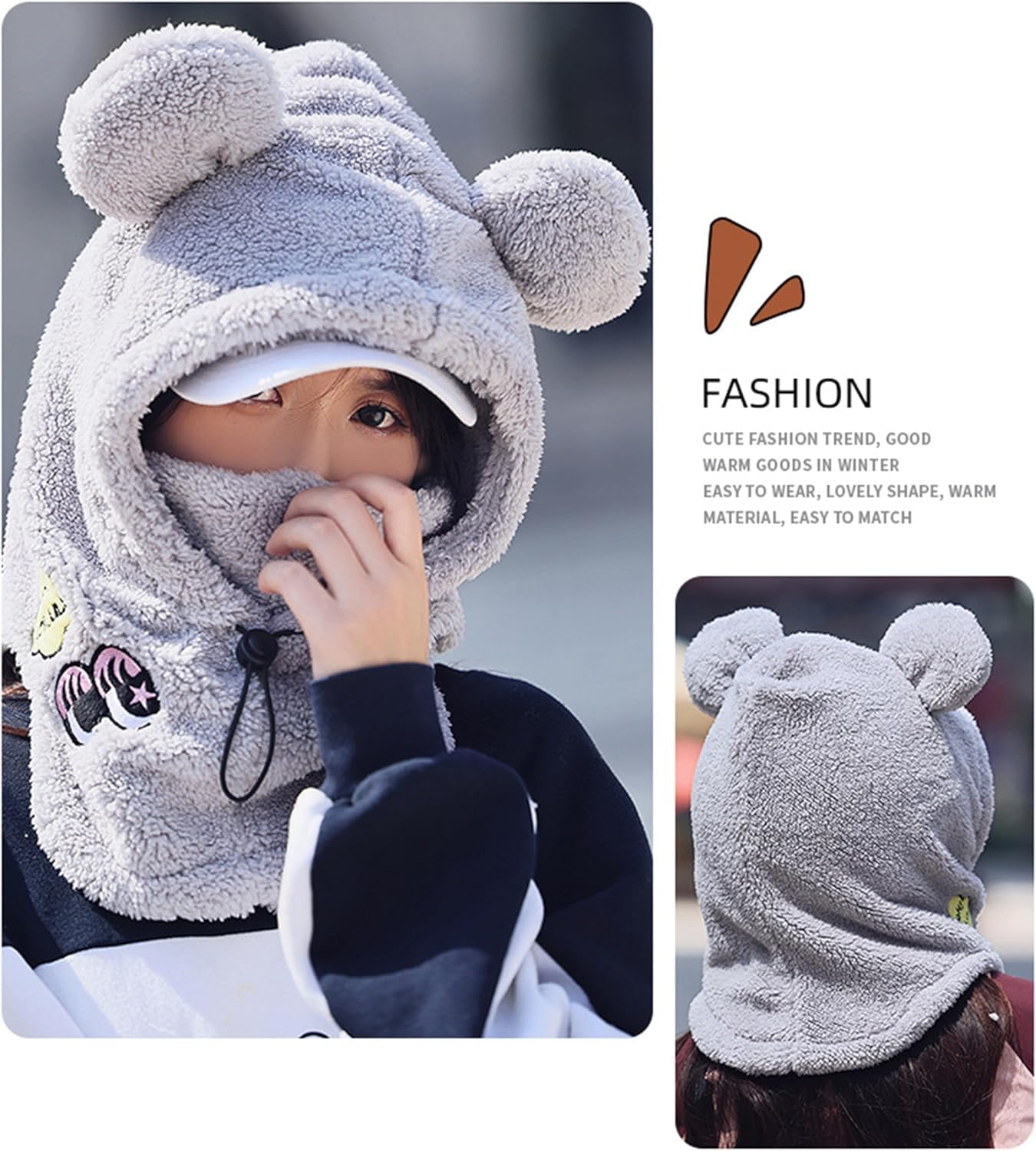 ThiCc Capuche Sherpa pour femme – Chapeau mignon avec oreilles de lapin et de chat en peluche pour l'hiver, l'équitation, le ski, la cagoule coupe-vent pour temps froid, capuche chaude réglable
