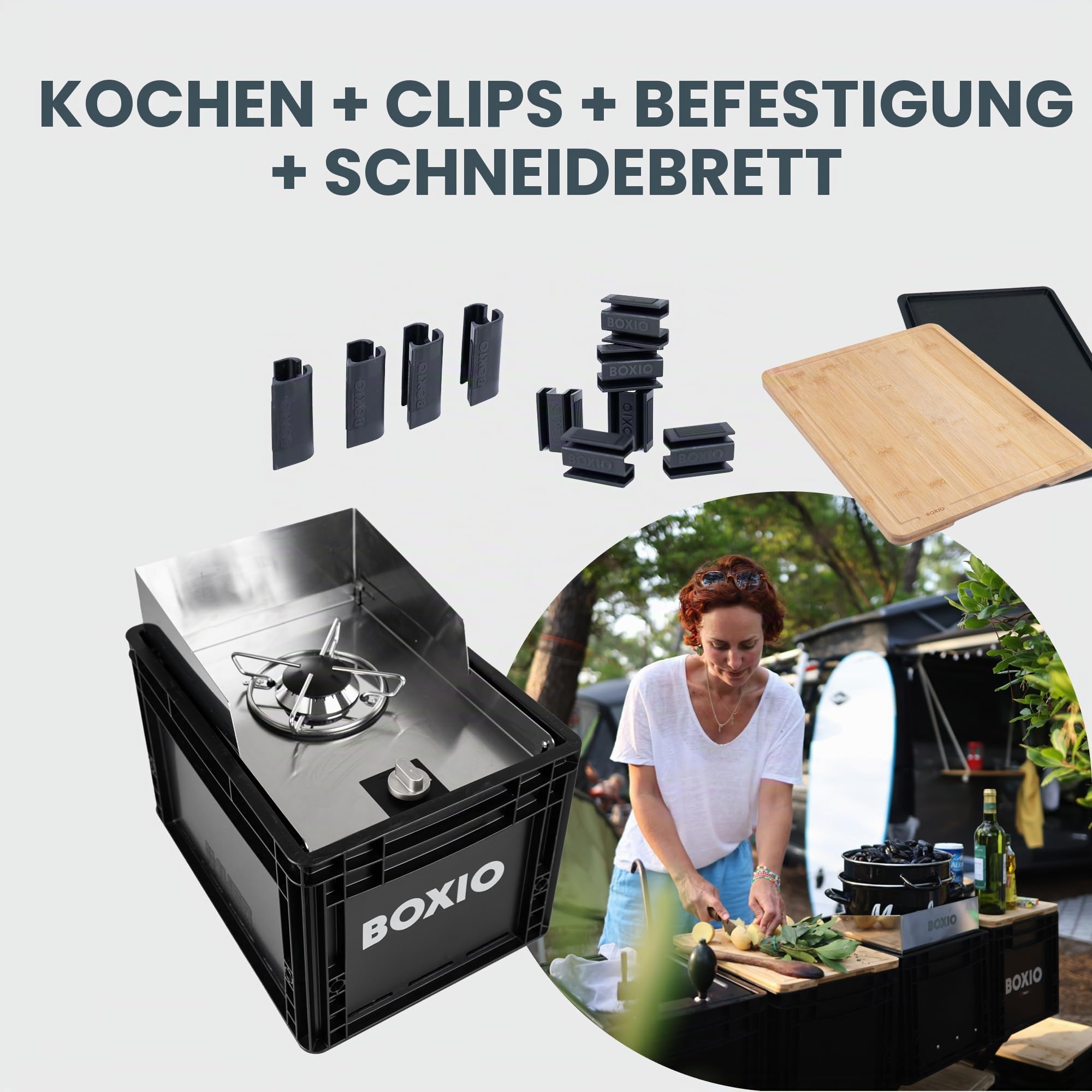 BOXIO - Kitchen Bundle: Mobile Campingküche ohne Strom mit Kochbox, Waschbecken & Gaskocher mit Outdoor Zubehör Schneidbrett, Kühlakkus, Sitzkissen UVM. Perfekte All-in-one Lösung