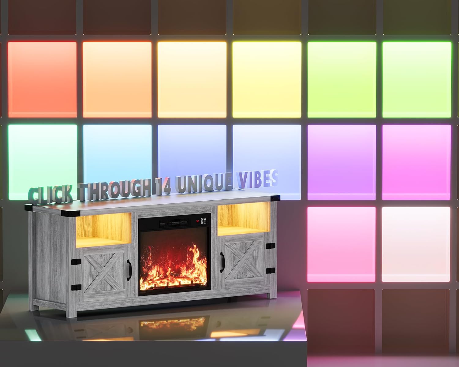 Diagram illustrating various TV sizes (32, 43, 55, 65 inches) fitting on the 58-inch wide TV stand.