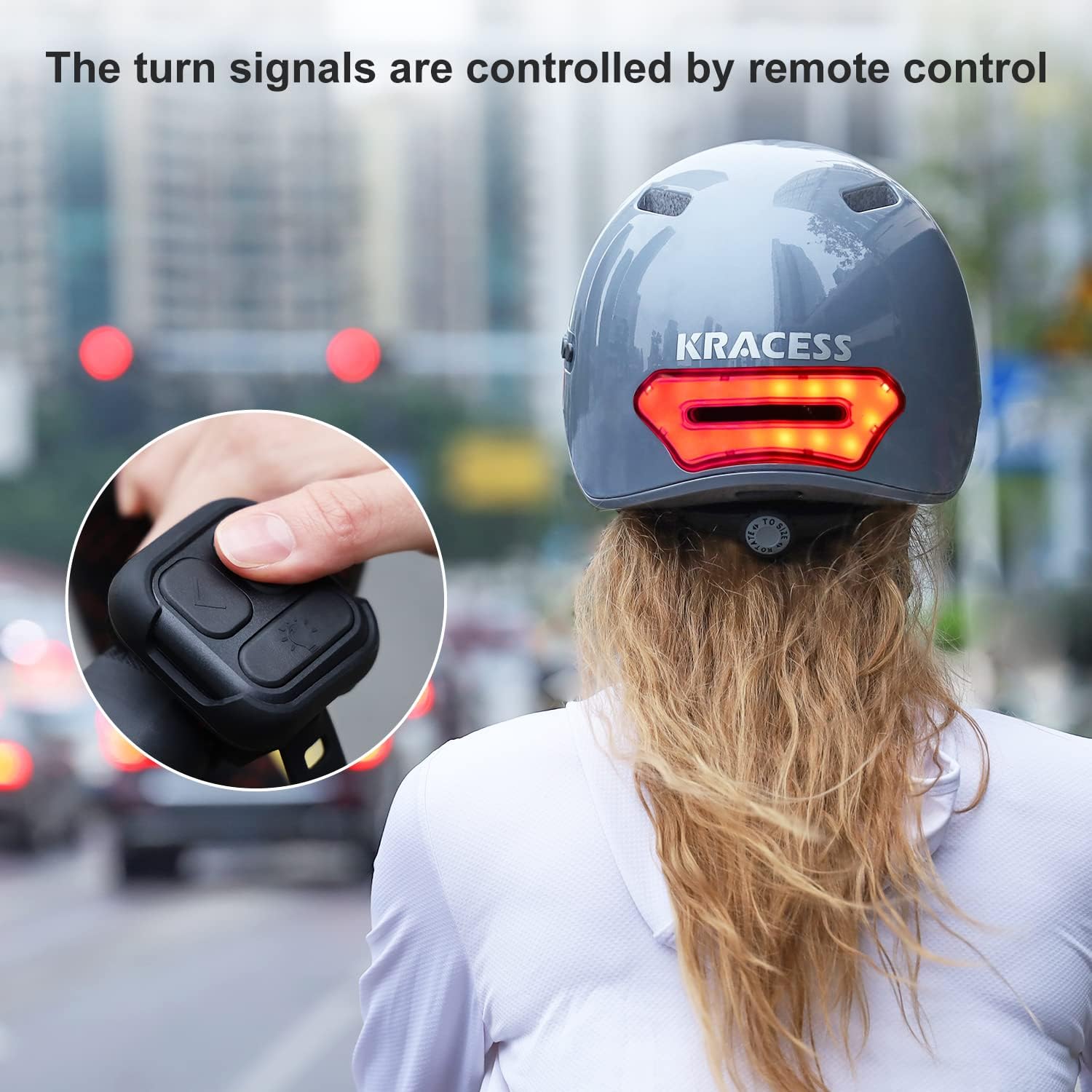 A person on a bike, viewed from behind, showing the helmet's LED taillight indicating a right turn with the remote control in an inset.
