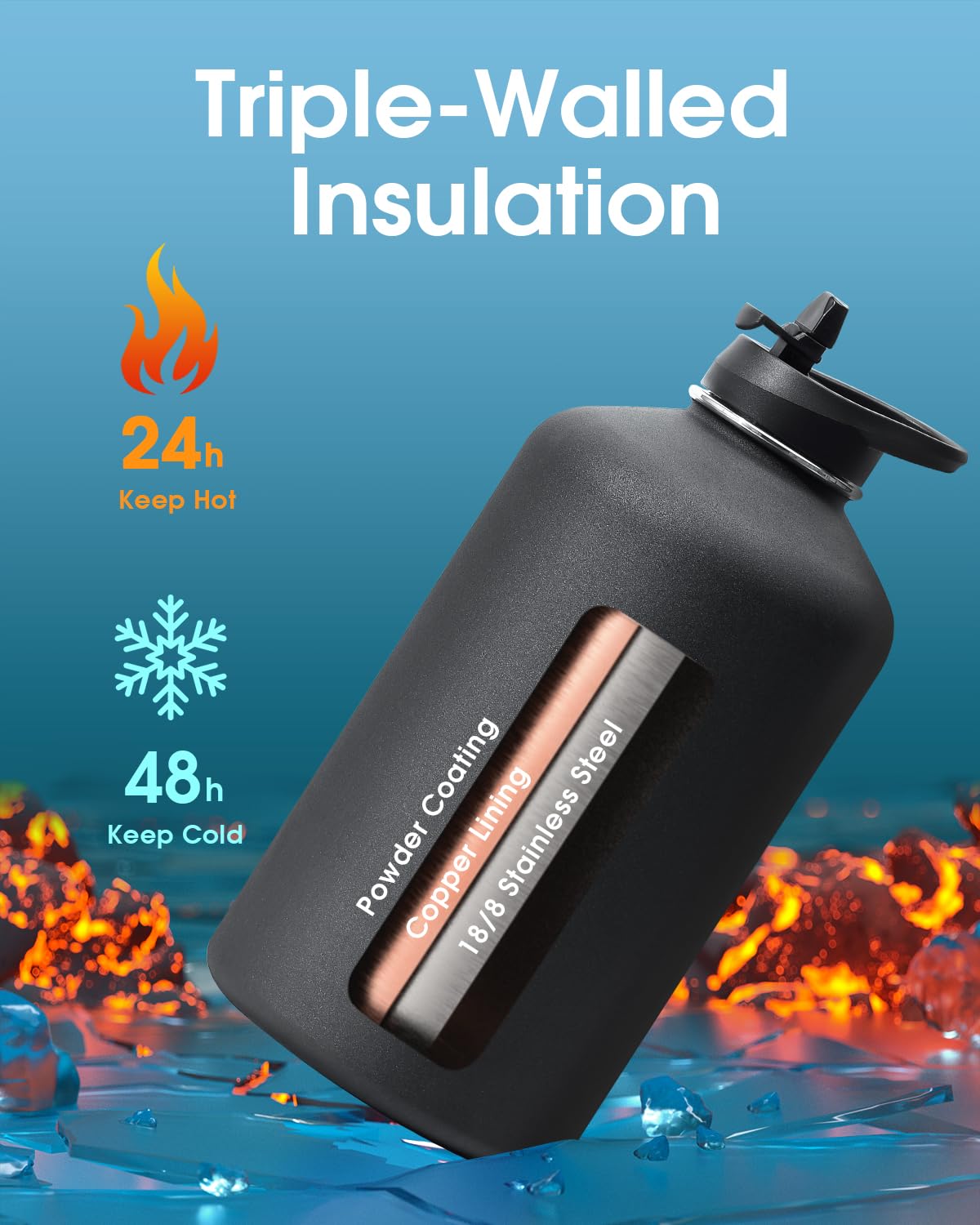 Coolflask Isolierte Wasserflasche mit PU-Lederhülle, 3,6 l, Farbkontrast mit Strohhalm-Deckeln, großer Edelstahl-Krug, hält kalt 48 Stunden heiß 24 Stunden, Polarschwarz