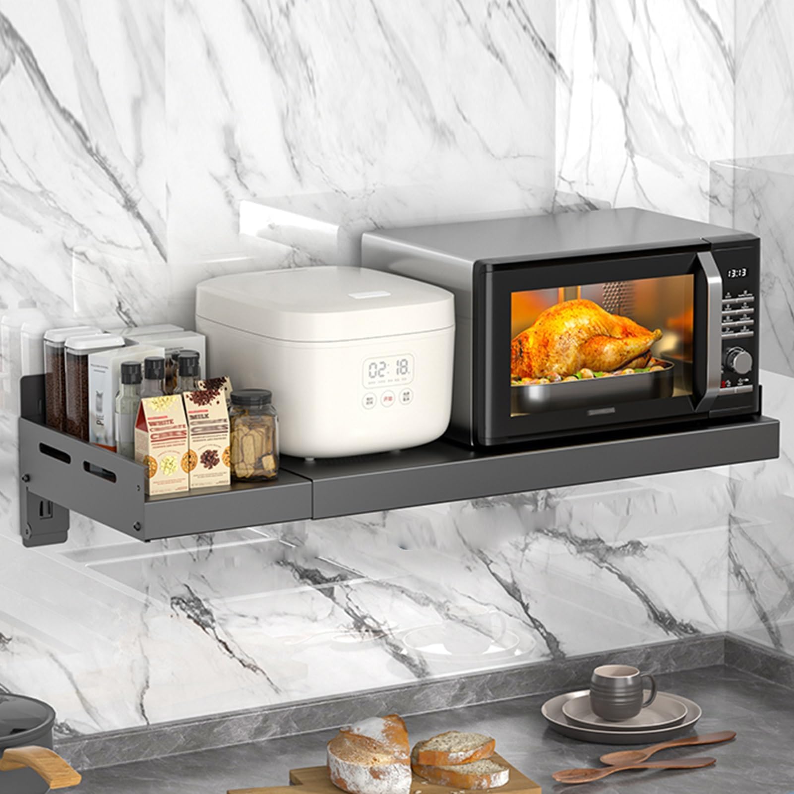Soporte de pared ajustable para microondas,Estante metálico de cocina, montaje mural resistente para horno, electrodomésticos y almacenamiento