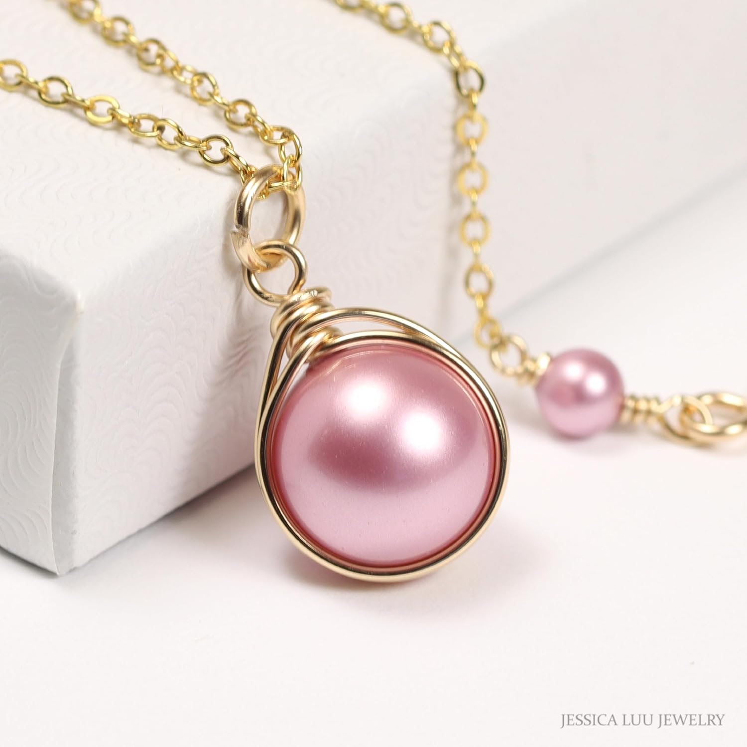 Jessica Luu Jewelry Gold Powder Pink Pearl Drop Earrings Wire Wrapped Handmade