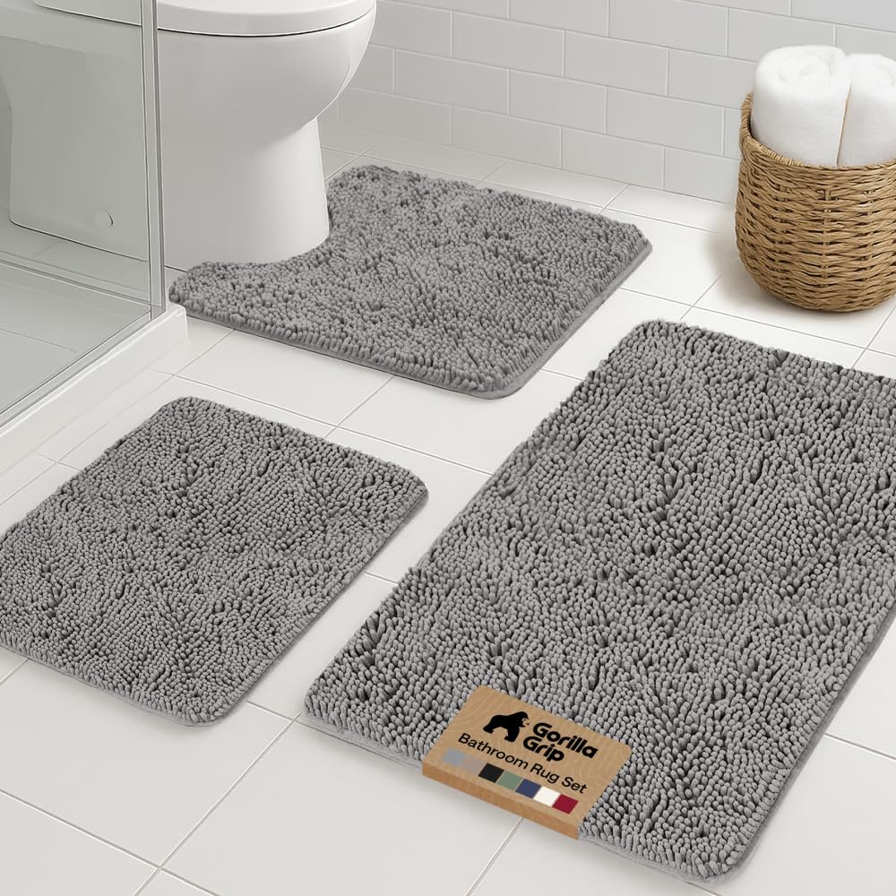 GORILLA GRIP Area Rug Sets and Oval Toilet Base, 3 Piece Gray