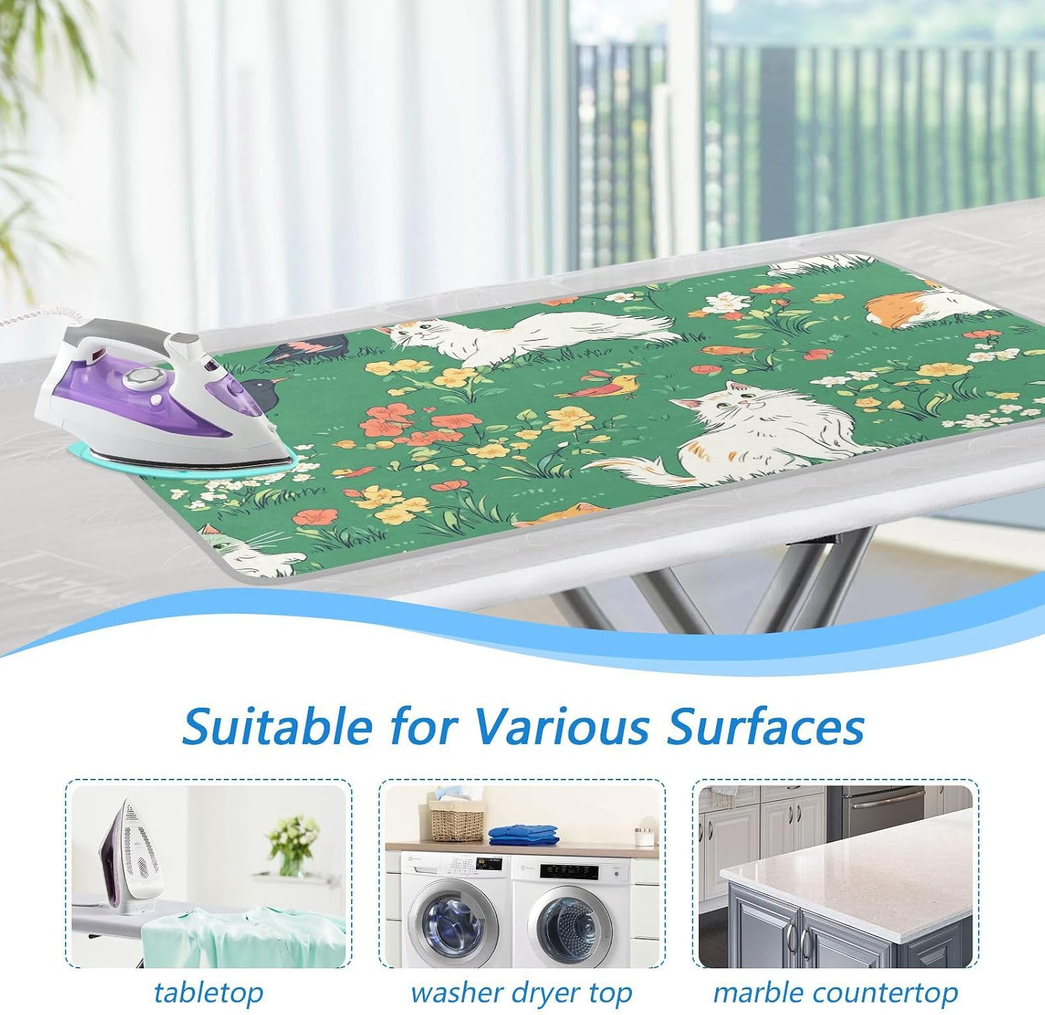 Green Spring Persian Cat and Hummingbird Ironing Mat Portable Ironing Pad Blanket with Silicone Iron Rest for Table Top Travel Heat Resistant Double-Side Using Large 47x28 Inch Foldable