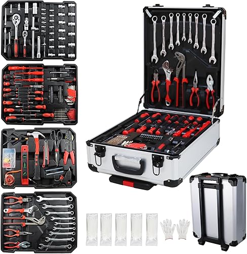 Juego de 899 cajas de herramientas de aluminio con ruedas y 4 cajones para reparaciones domésticas, mantenimiento automático, construcción, jardín