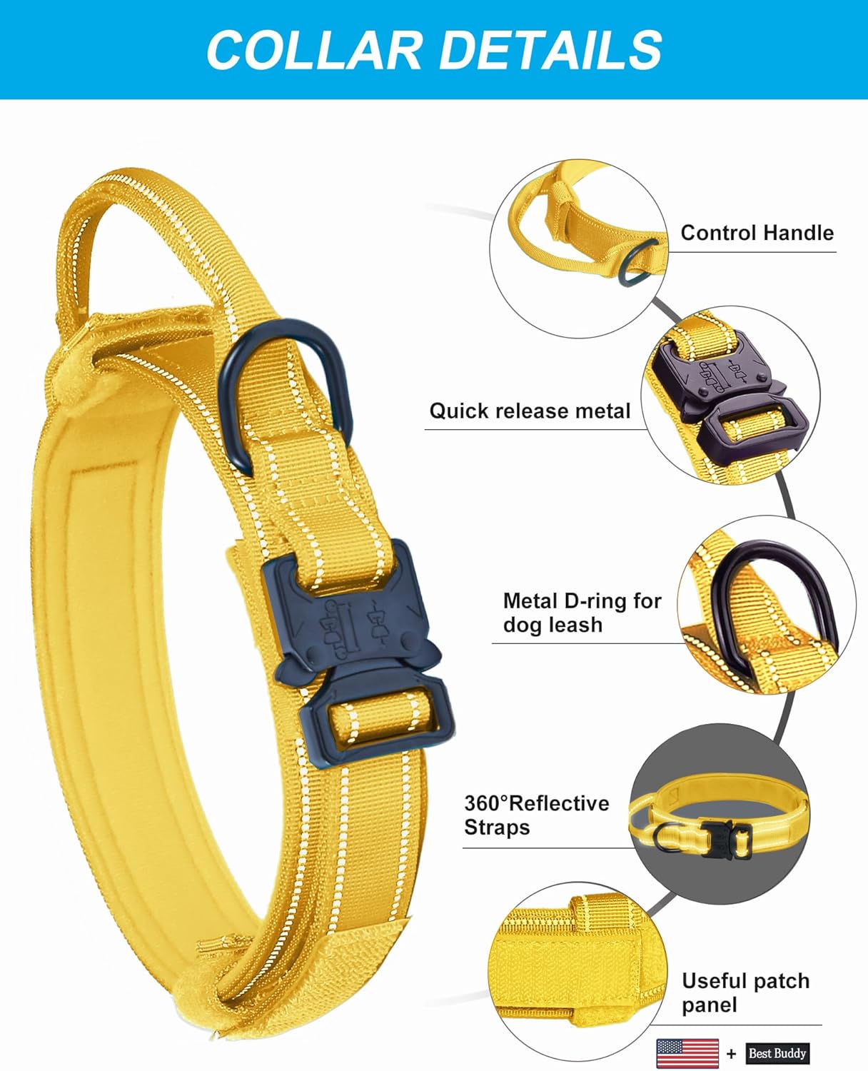AUBELL Tactical Dog Collar and Leash Set for Medium Large Dogs(Yellow M)