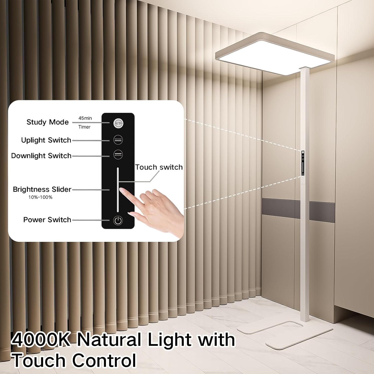 8000LM LED Floor Lamp, 100W Eye-Caring Reading Standing Light, 4000K Dimmable Natural Daylight Modern Tall Reading Lamp for Home Office, Study Room, Living Room, Bedroom, Touch Control