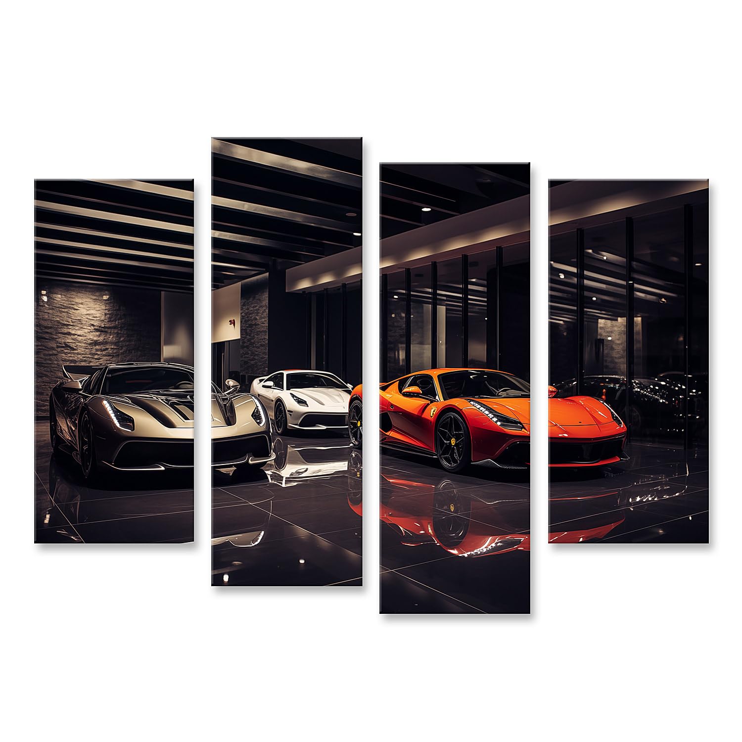islandburner Quadro su tela Tre auto sportive in moderna galleria auto su pavimento lucido Immagini da parete poster