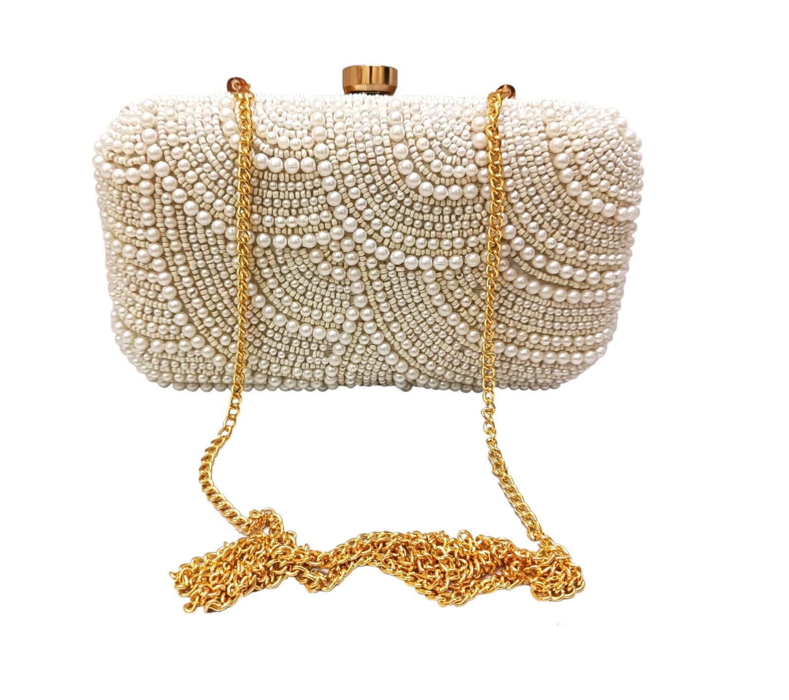 Fashion OVERSEASPearl Beaded formal party clutch with gold chain for women and girls
