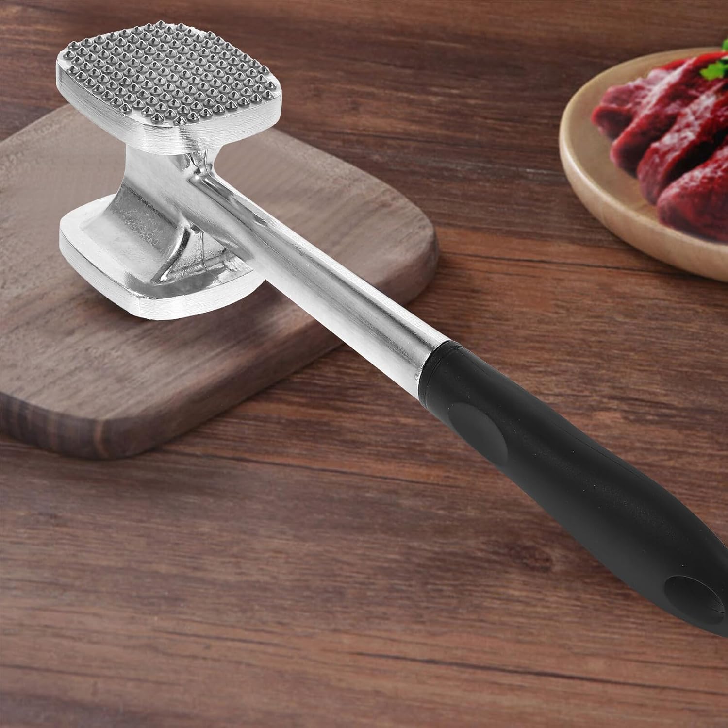 Aluminum Dual-sided Meat Mallet Beef Hammer Kitchen Tool with Non-slip Rubber Handle for Tenderizing Steak Chicken Pork Comfortable Grip for Left and Right Handed Users