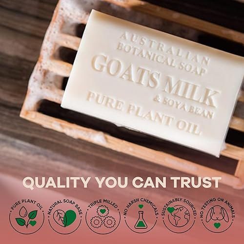 Miniatura 8 de Australian Botanical Soap Paquete de 4 barras de jabón de leche de cabra con aceite de soja, enriquecidas con manteca de karité orgánica, adecuadas