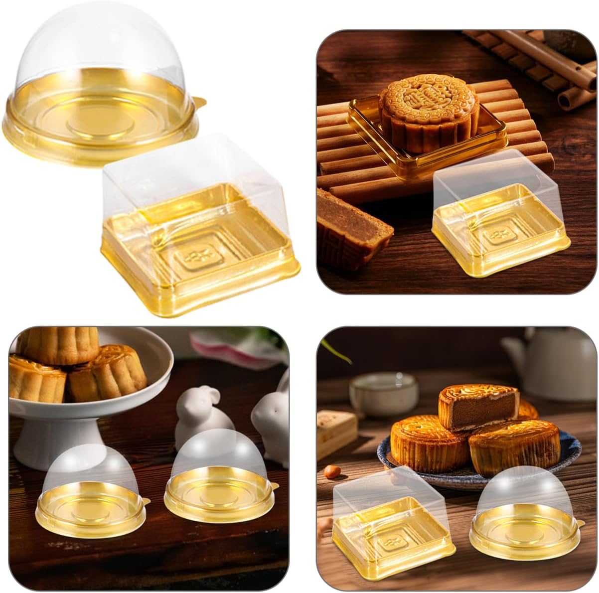 DOITOOL Clear Plastic Mini Cake Box 100 Pack Square Mini Cupcake Containers Mooncake Boxes Muffin Pod Dome Muffin Single Container for Wedding Birthday Supplies (Golden)