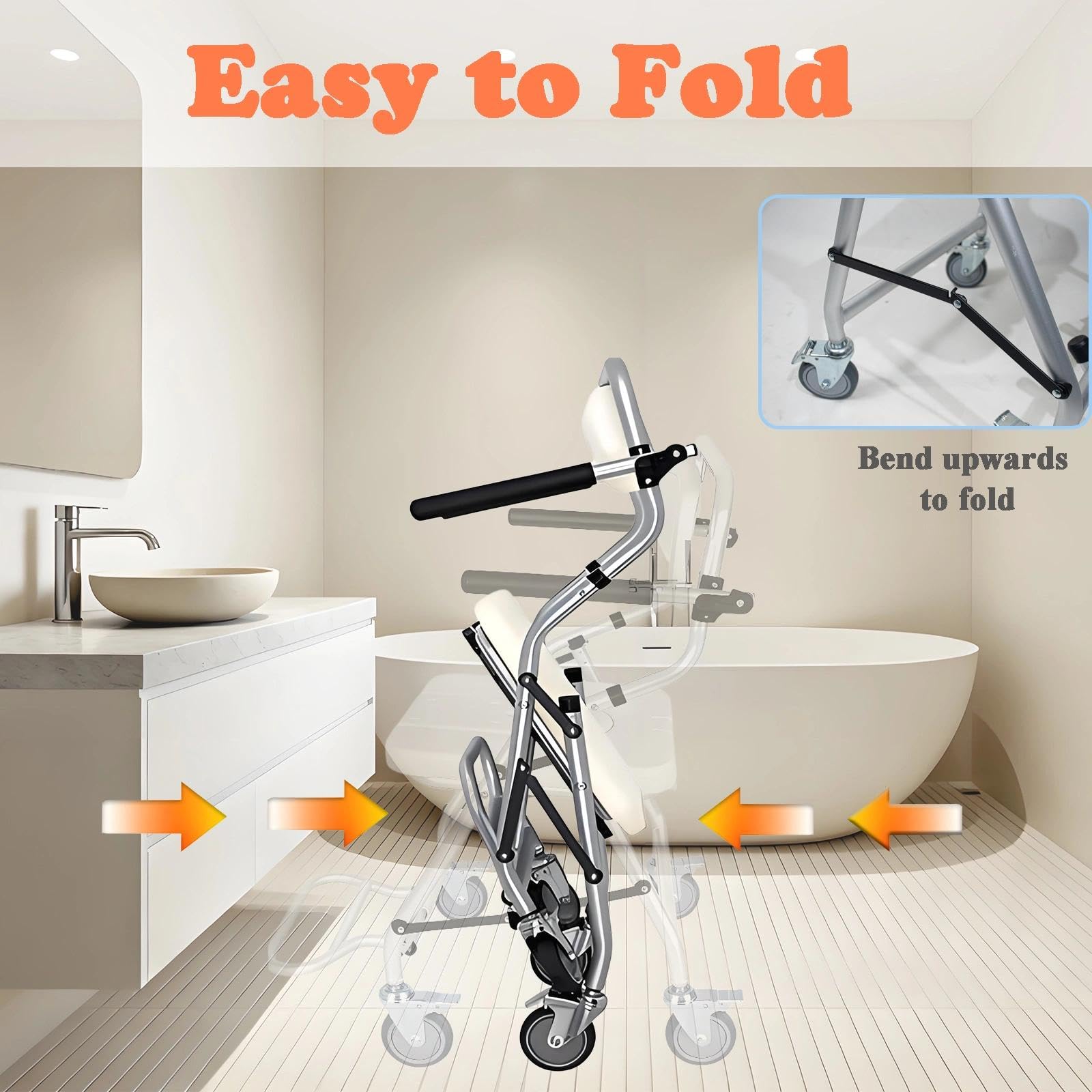 Sedia da Doccia con Rotelle, Sedia WC Doccia con Rotelle Pieghevole, Bianco Sedia da Toilette Mobile per Malati, Disabili e Incinte, Sgabello Doccia con Braccioli e Schienale, Carico 120 kg