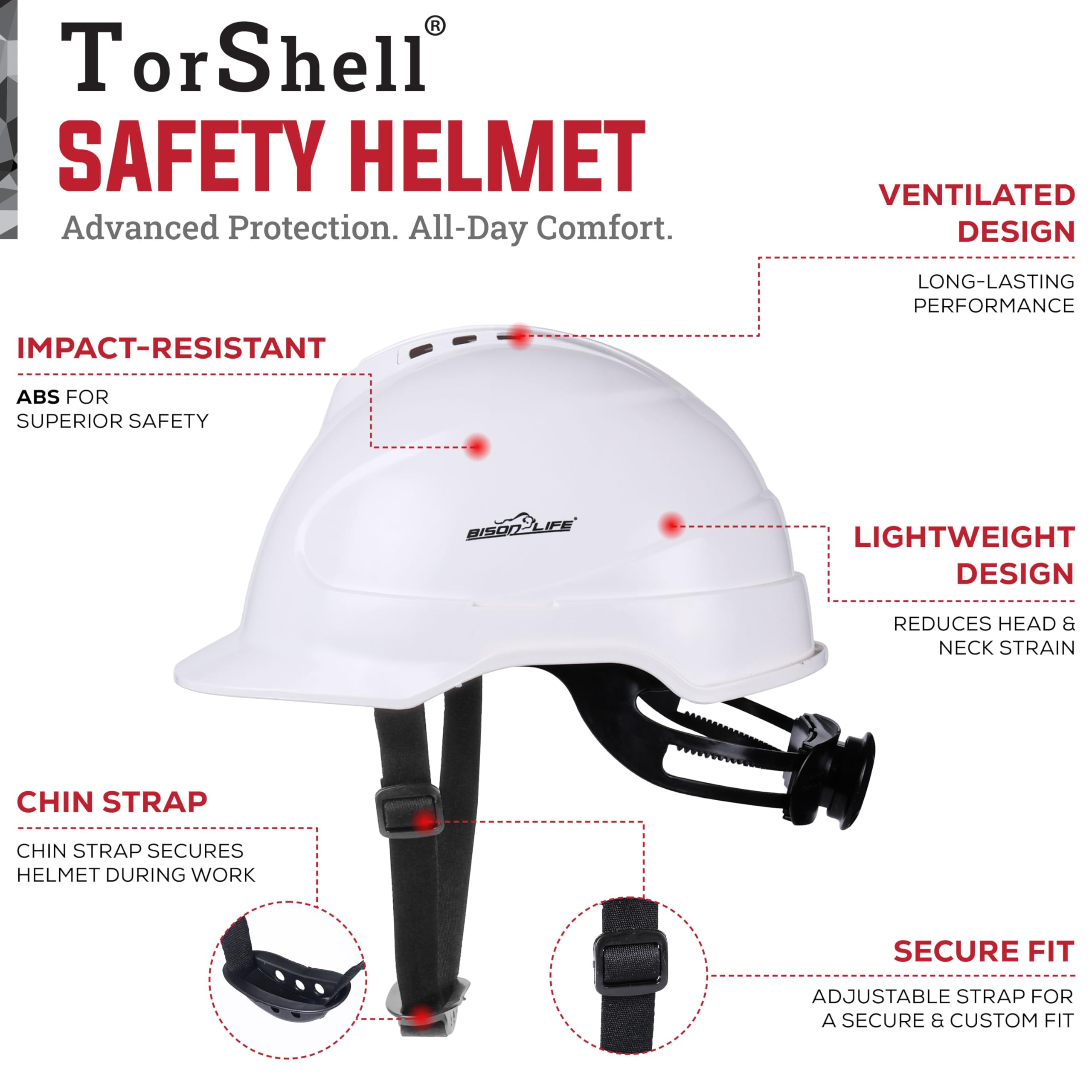 Bison Life TorShell - Casco de seguridad ABS - Casco duro con arnés de nailon y ajuste de trinquete, protección ligera para la cabeza para construcción, minería y mantenimiento