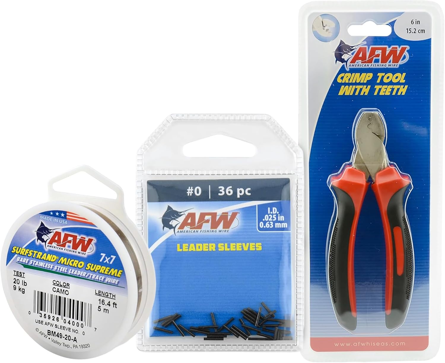 Surfstrand Micro Supreme, Bare 7x7 Stainless Steel Leader Wire, 20 lb Test, 0.011" Diameter, Camo, 5m and Single Barrel Crimp Sleeves, Size #0/.025", Black, 36 pc and Fishing Crimper Tool with Teeth
