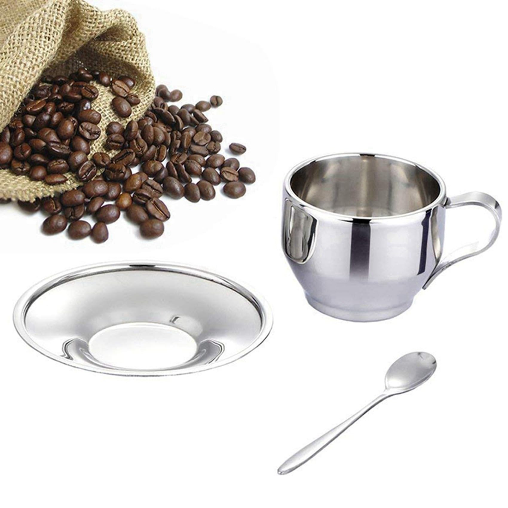 Juego de Tazas de Café con Aislamiento - Tazas de Café Espresso de Doble Pared de Acero Inoxidable de Té de Capuchino con Leche con Platillo Y Cuchara 125 Ml (Juego de 6)