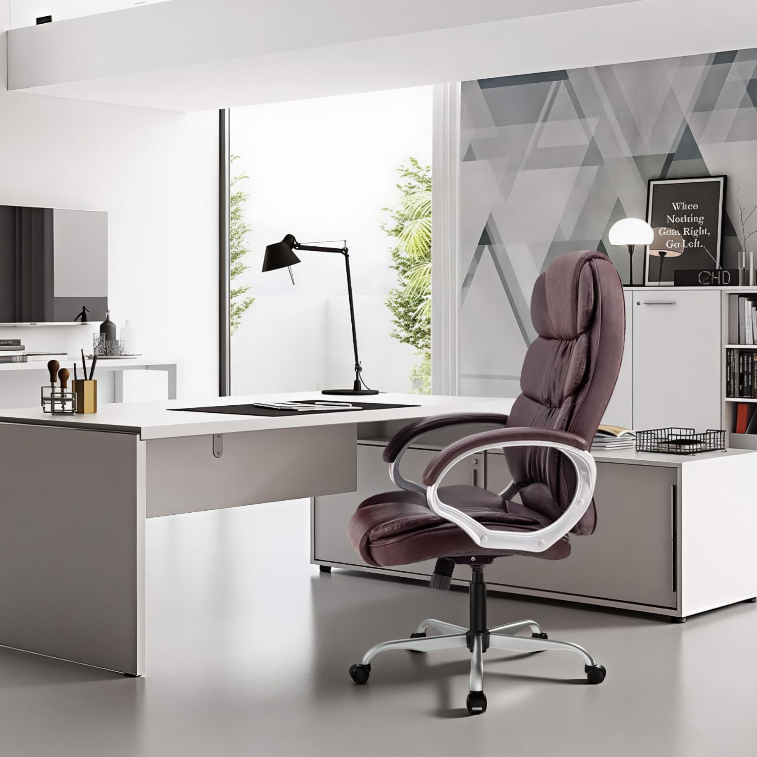 GUNJI Office Chair PU Leather High Back Executive Chair Ergonomic Computer Chair, Modern Adjustable Home Desk Chair Swivel Managerial Chair with Padded Armrests and Lumbar Support (Brown)
