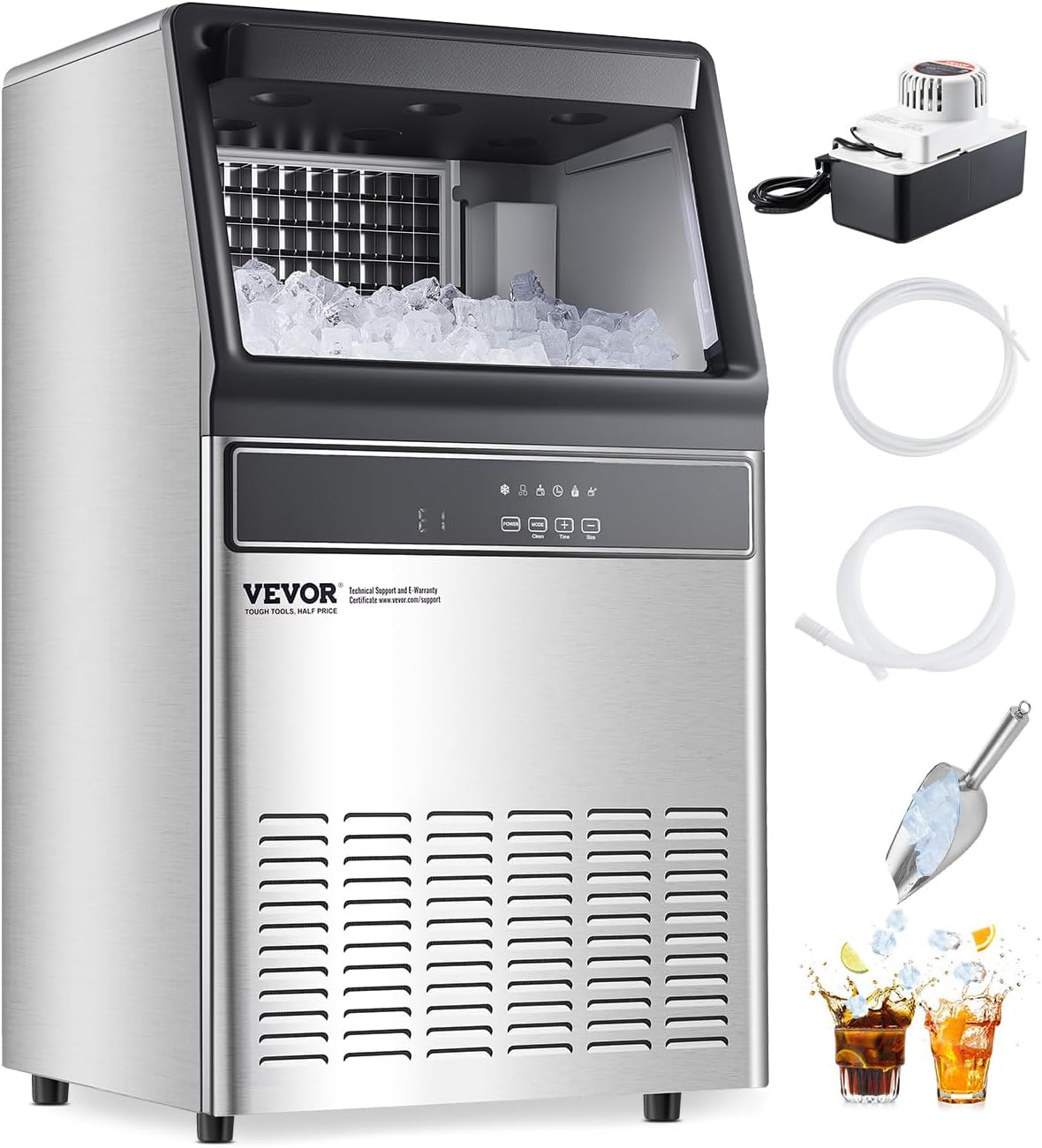 VEVOR 120lbs/24H Commercial Ice Maker Machine with Drain Pump, 33lbs Storage Capacity Ice Maker, 55 Ice Cubes in 15 Minutes, LED Digital Display Freestanding Self-Cleaning for Bar Office Restaurant
