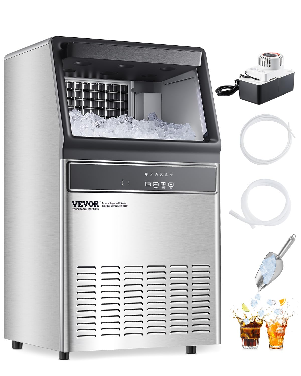 VEVOR 120lbs/24H Commercial Ice Maker Machine with Drain Pump, 33lbs Storage Capacity Ice Maker, 55 Ice Cubes in 15 Minutes, LED Digital Display Freestanding Self-Cleaning for Bar Office Restaurant