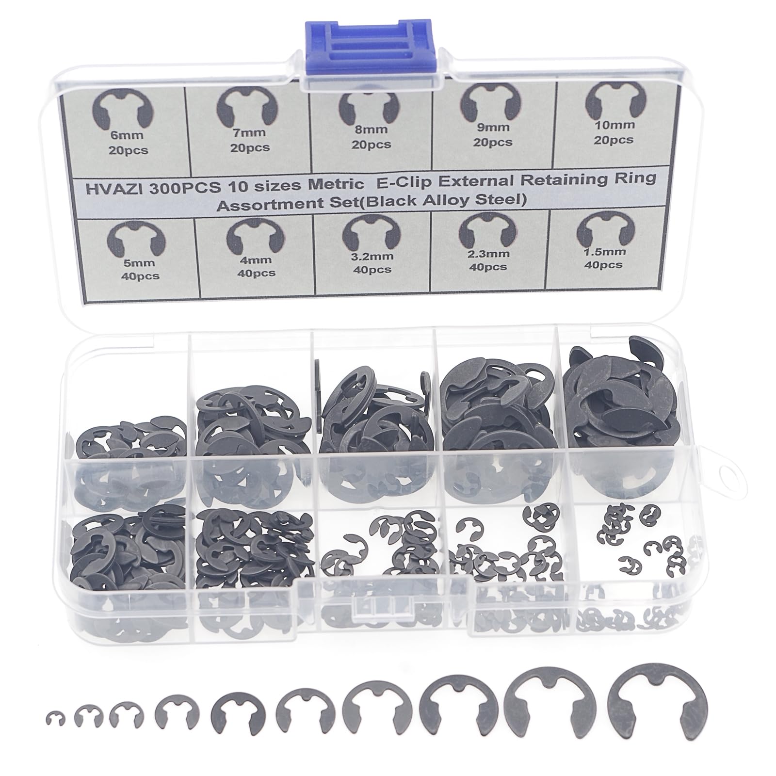 HVAZI 300PCS E-Clip External Retaining Ring Assortment Set(Black Alloy Steel)