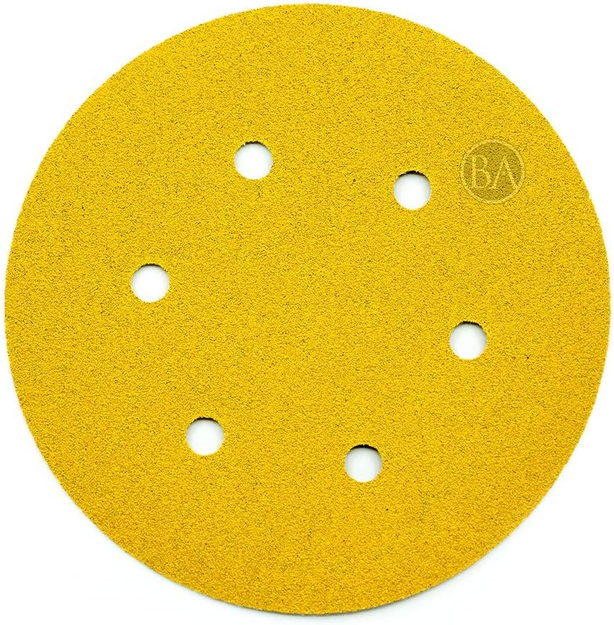 Benchmark Abrasives 6 Inch Sanding Discs Hook and Loop, Aluminum Oxide Stearated Gold 6 Holes Adhesive Sandpaper for Surface Blending, Automotive - Orbital Sander Sandpaper (50 Discs), 180 Grit