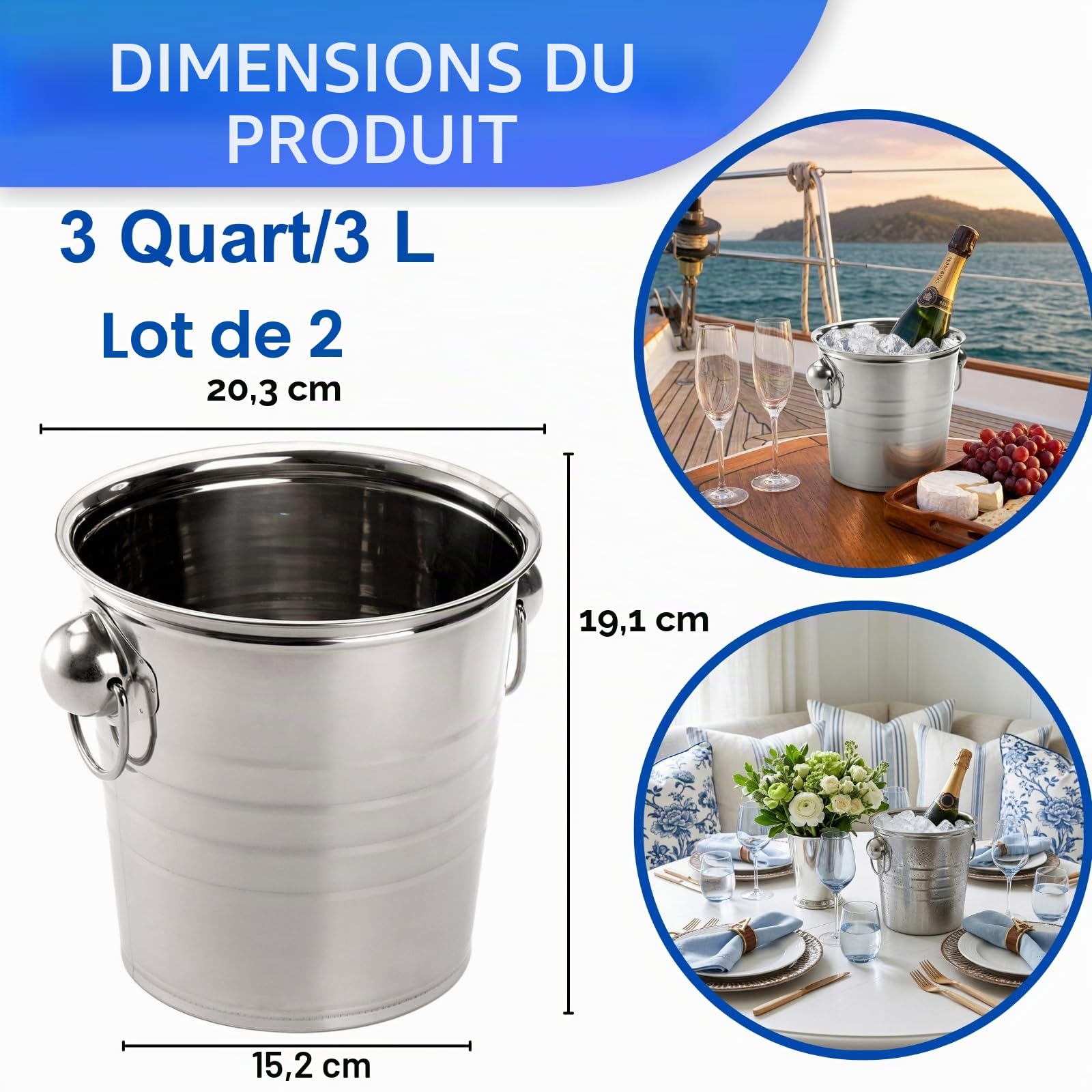 ZENFUN Lot de 2 seaux à Glace de 3 l avec poignées, Seau à Glace avec Couvercle, Seau à Boisson en métal galvanisé avec poignées, Refroidisseur de Boissons et de vin pour Bar, fête, Barbecue, idéal