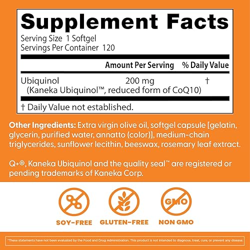 Miniatura 3 de Doctor's Best Ubiquinol con Kaneka QH, mejora la energía celular, antioxidante, sin OMG, sin gluten y soja, 200 mg, 120 unidades