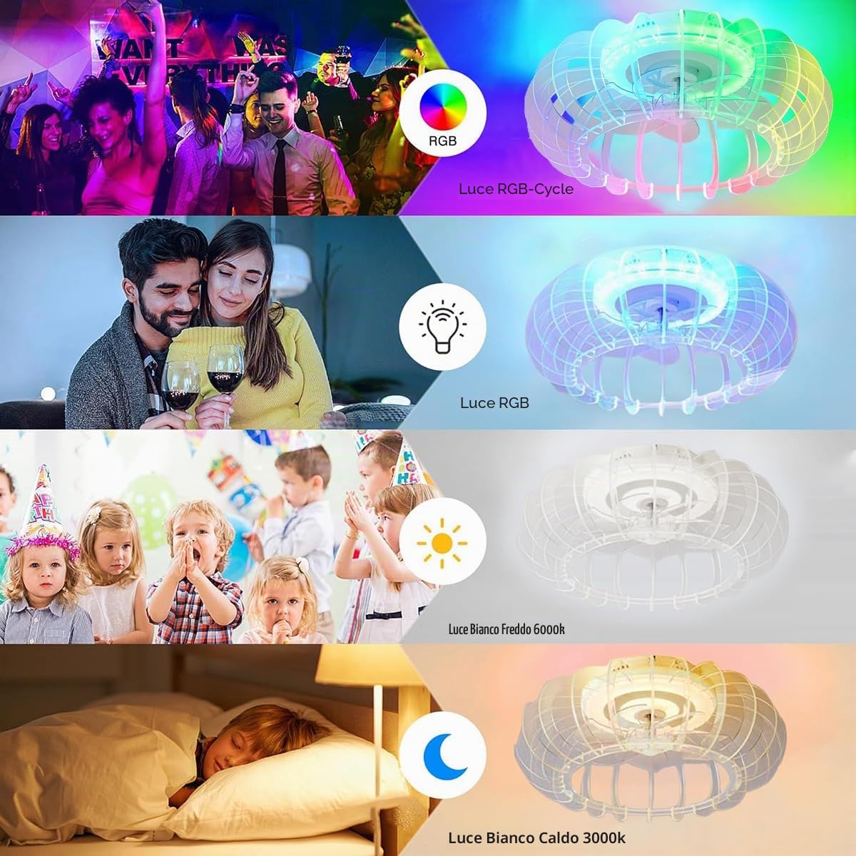 Ventilatore da soffitto silenzioso RGB con illuminazione, lampada da soffitto a LED con ventilatore e telecomando, dimmerabile, camera dei bambini, lampada con altoparlante Bluetooth, musica, lampada