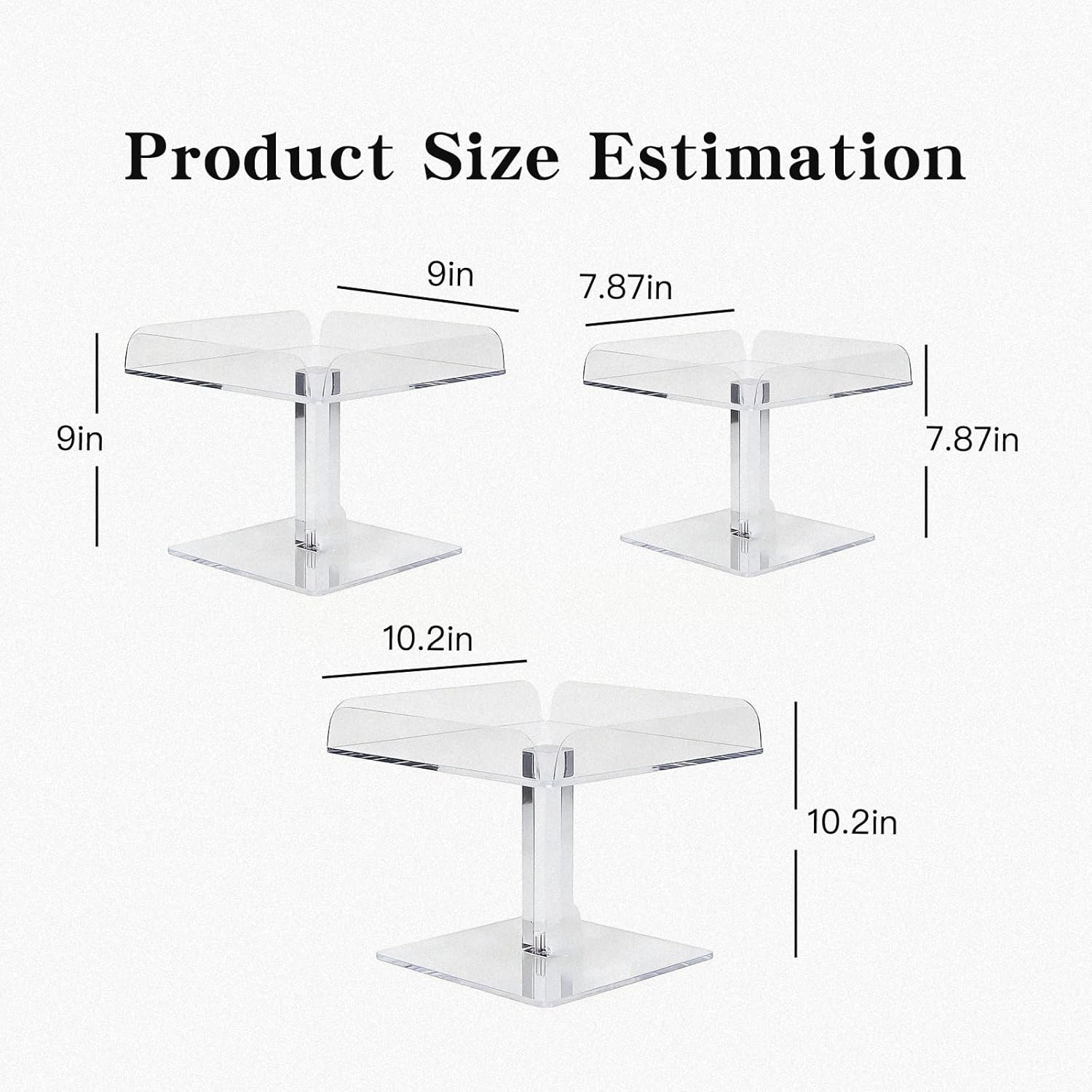 3 Piece Acrylic Square Cake Stand, Clear Cupcake Stand for Birthday Parties, Weddings, Holiday Dessert Displays (7.87", 9", 10.2")