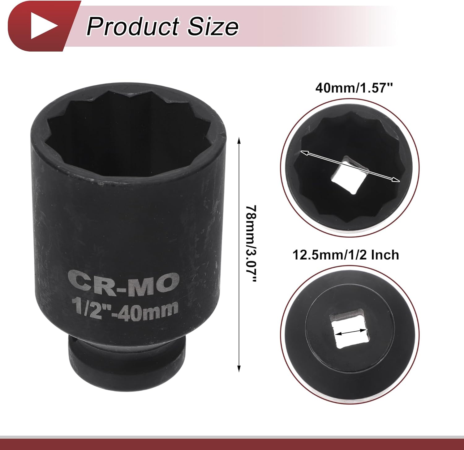 1 Pcs Impact Socket Durable Hardware Tool 78mm Black High Carbon Steel 12 Point 40mm for Car Motorcycle Dirtbike Repair 1/2 Inch Drive