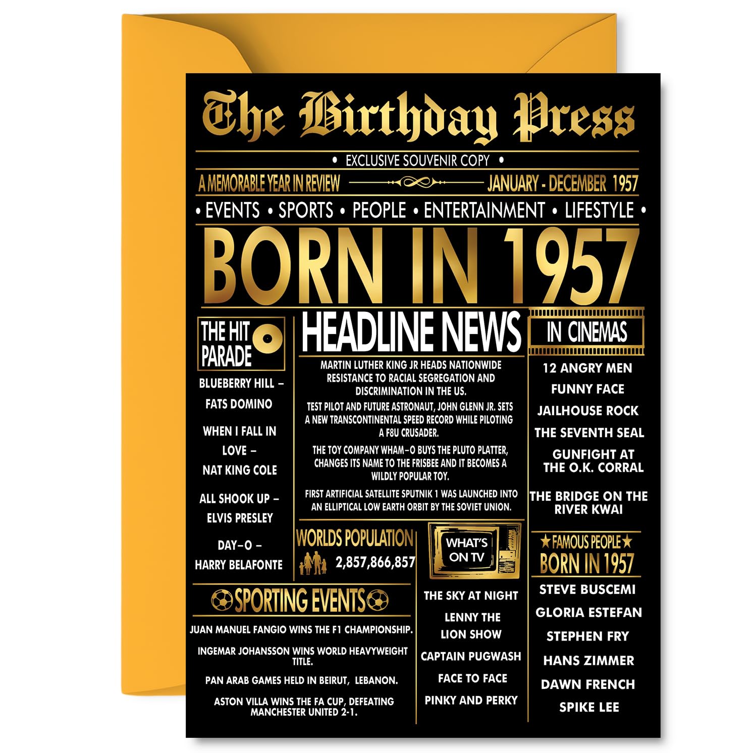 Gold 69th Birthday Card for Men Women - Black & Golden Newspaper Born in 1957 - Happy 69 Birthday Cards for Brother Sister Husband Wife Nan Grandma, 5x7 Inch Bday Greeting Cards