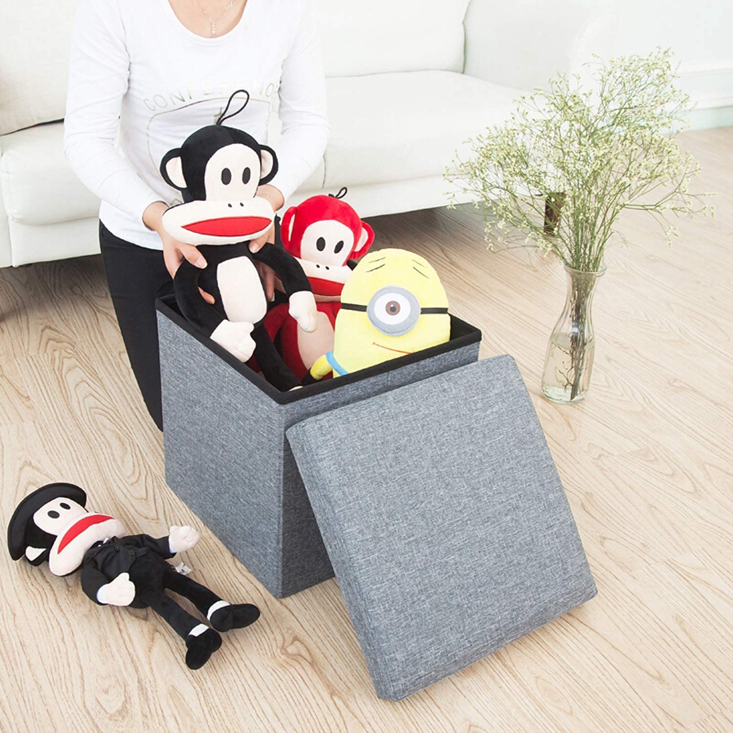 Venvintra Storage Ottoman Cube, Linen Small Coffee Table, Foot Rest Stool Seat, Folding Toys Chest Collapsible for Kids Grey 4