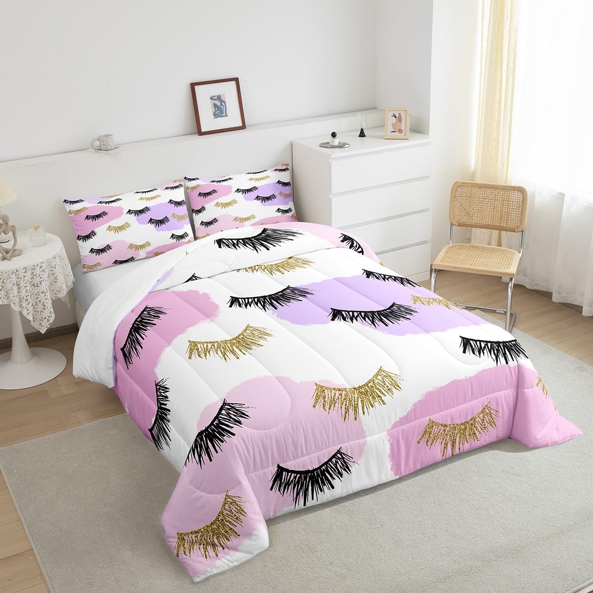 Erosebridal Eyelash Bedding Golden Girl Lashes Comforter Set Cute Eyelash Bedding Comforter Sets Pink Room Decor, Gorgeous Priness Style Queen Size Duvet Set for Women Girls Esthetician Gifts