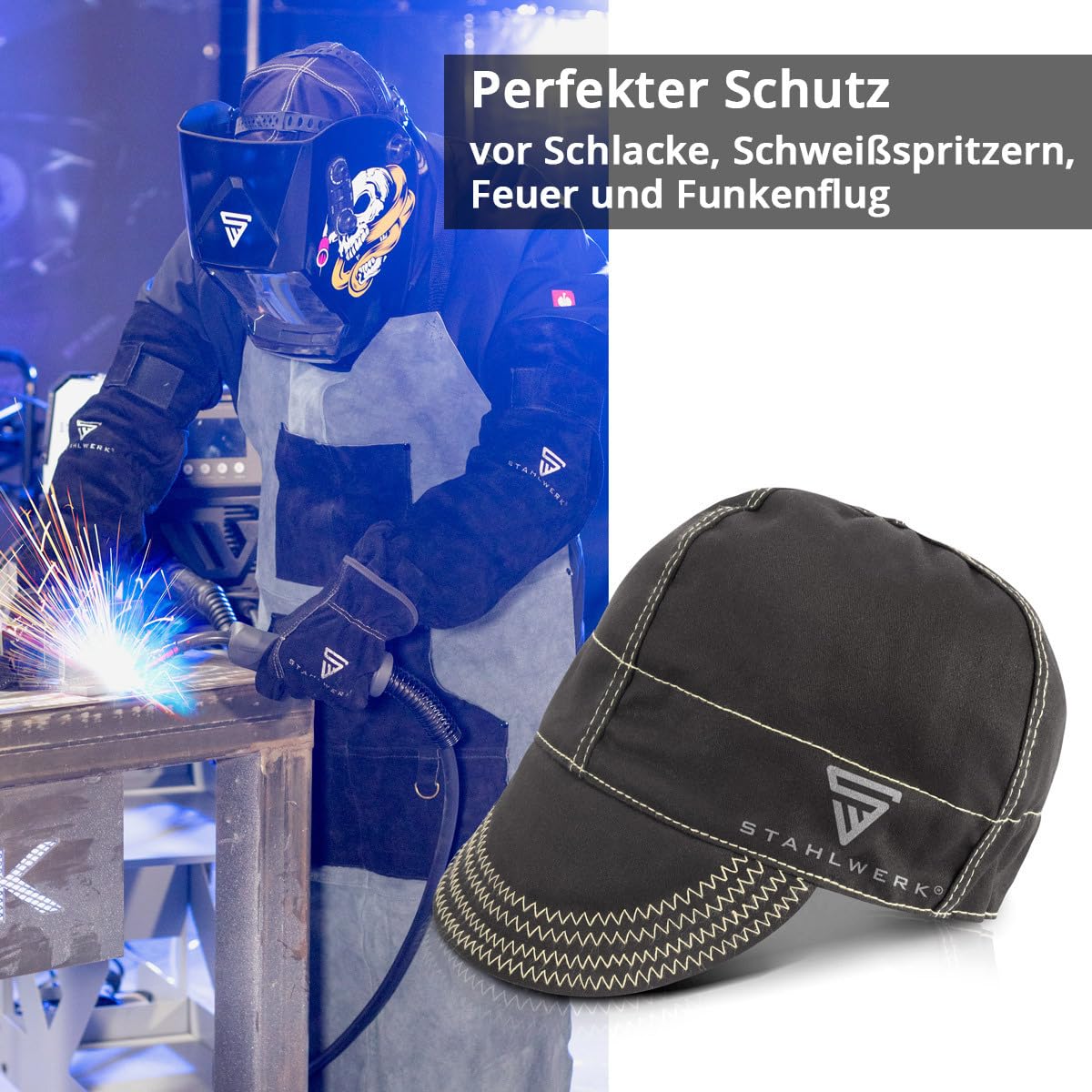 STAHLWERK Schweißkappe | Schweißermütze | Schweißhelm | Schweißhaube | Schweißermaske | flammenhemmende Schweißerschutzkleidung zum Schweißen und Plasmaschneiden