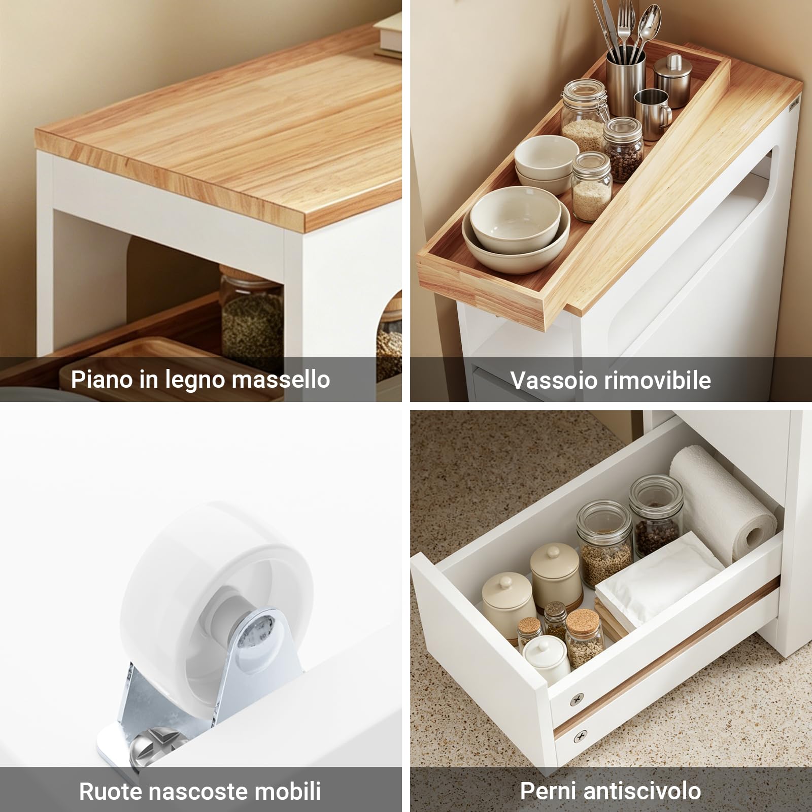 SoBuy Carrello Cucina Mobiletto Salvaspazio con Ruote 65x23x82cm | con Piano Di Lavoro, Cassetto E Ripiani Aperti, Carrello Portaoggetti Per Cucina, Bianco, BZR54-II-Wc