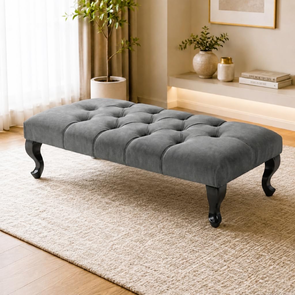 Luxury Chesterfield Velvet Footstool Bench with Black Legs, Grey