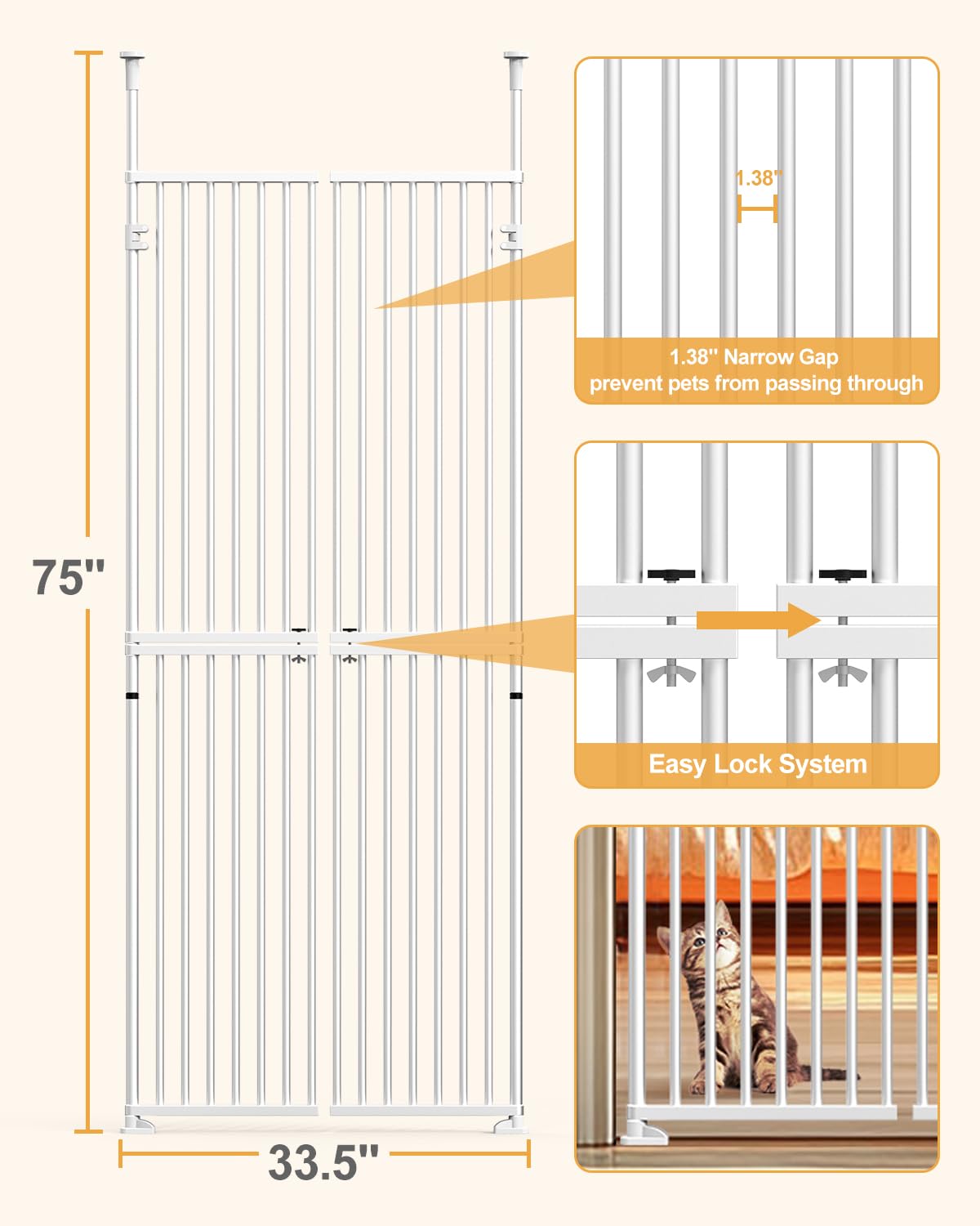 Rejilla para gatos extra alta de 180 cm para puertas sin escalar, puerta de doble acción para 65 – 72 cm de ancho, sin taladrar, espacio de rejilla de 3,17 cm, rejilla para mascotas, puerta de pasillo