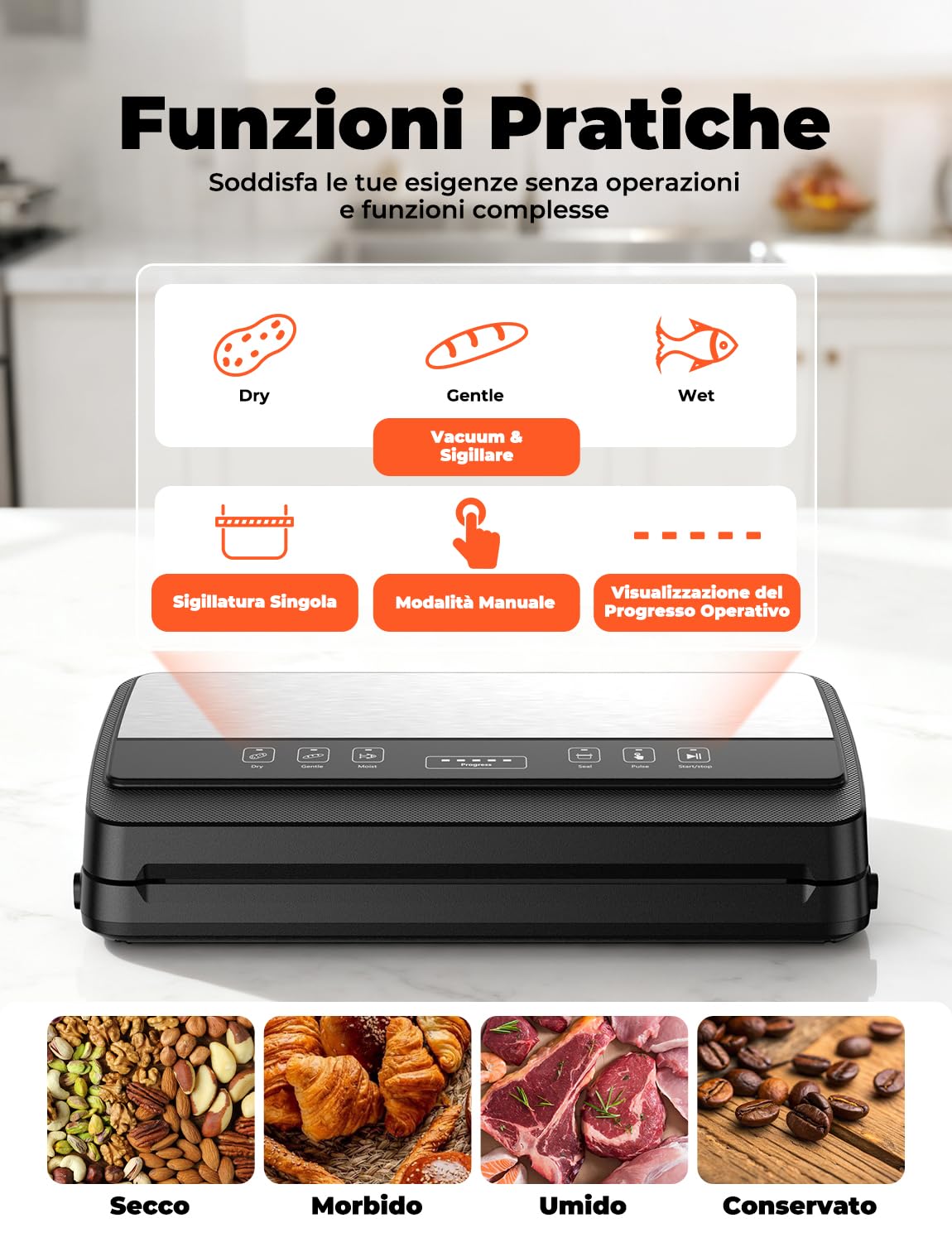 Macchina Sottovuoto Alimenti Professionale con Tubo/Taglierina Interna/Custodia Borsa, Secco/Umido/Delicato, con 40 Sacchetti Sottovuoto e 1 Rotoli 28x600cm