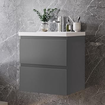 SKY BATHROOM 500mm Vanity Unit with Ceramic Basin Matt Grey 2 Drawers Storage Cabinet Wall-mounted