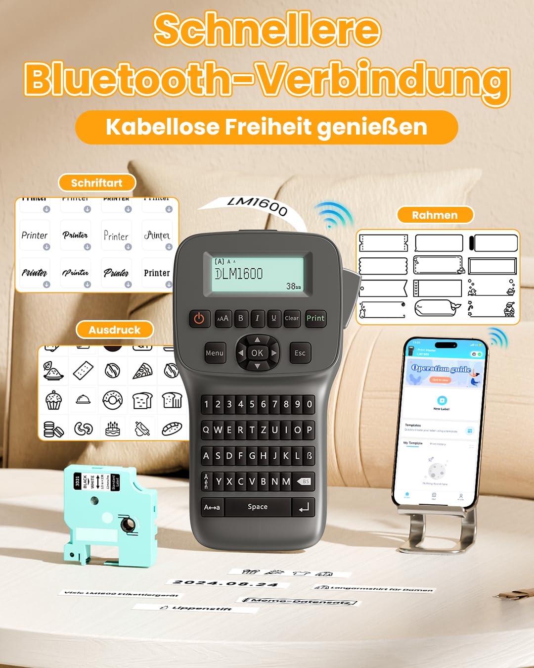Vixic Tragbares Beschriftungsgerät mit wiederaufladbarem Akku und Bluetooth, LM1600 Etikettiergerät mit QWERTY Tastatur, einfache Textbearbeitung für D1 Etiketten in 12mm Breite