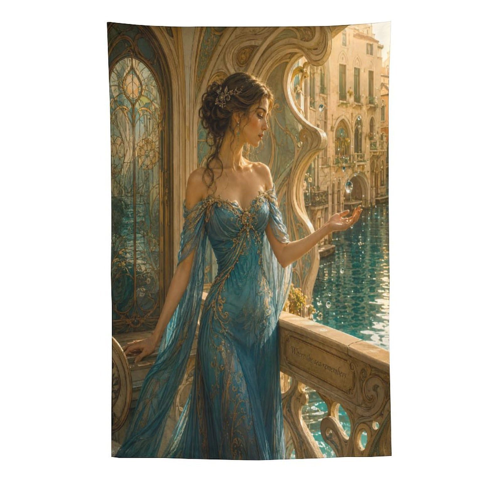 W7C8U2X3 Woman in Blue Dress Wall Tapestry, Realistic Illustration