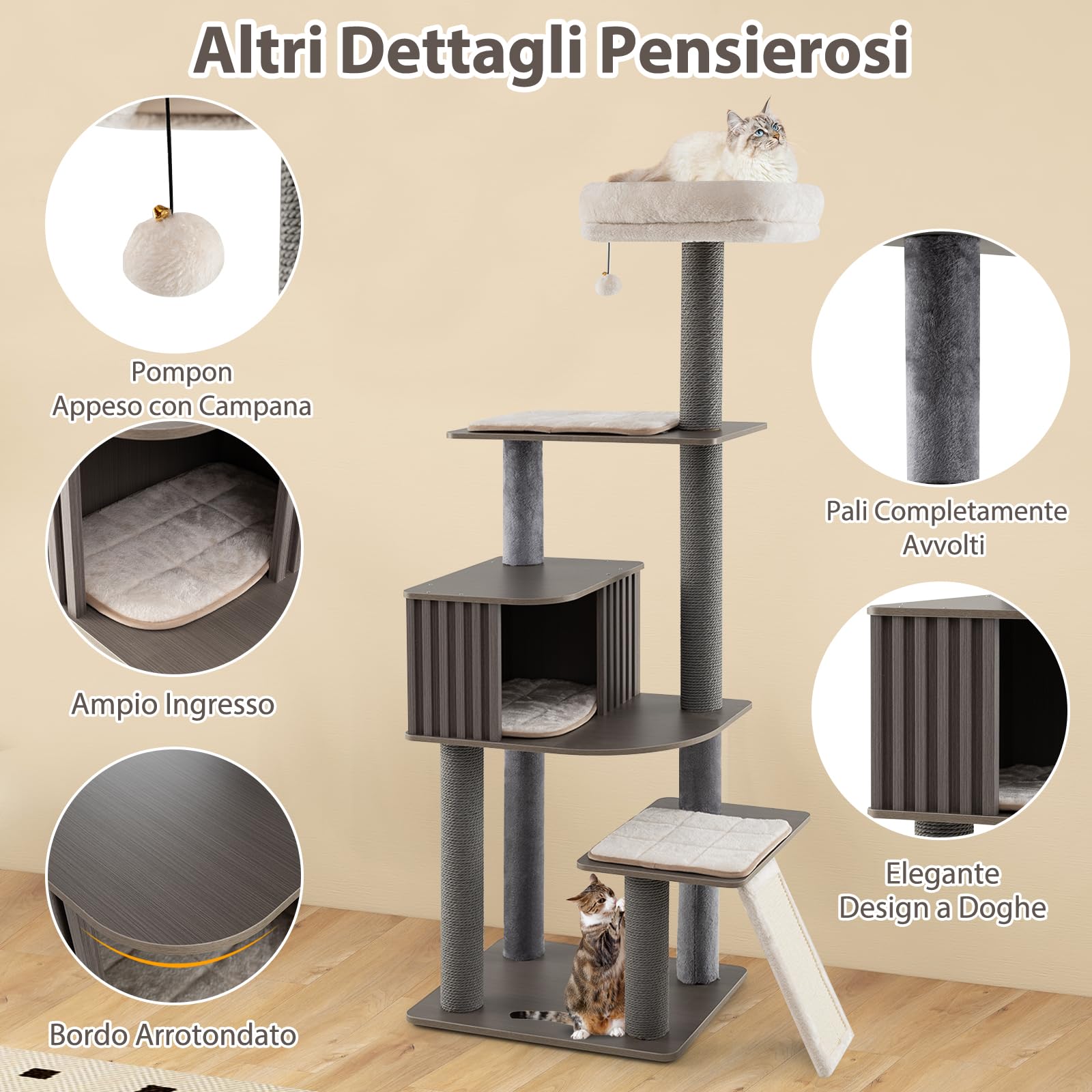 COSTWAY Albero per Gatti a 6 Livelli, Torre per Gatti Alta 171 cm con Cuscino, Condominio, Tappetini Staccabili e Pannello in Sisal, Albero Tiragraffi in Legno con Palla Pompom Appesa
