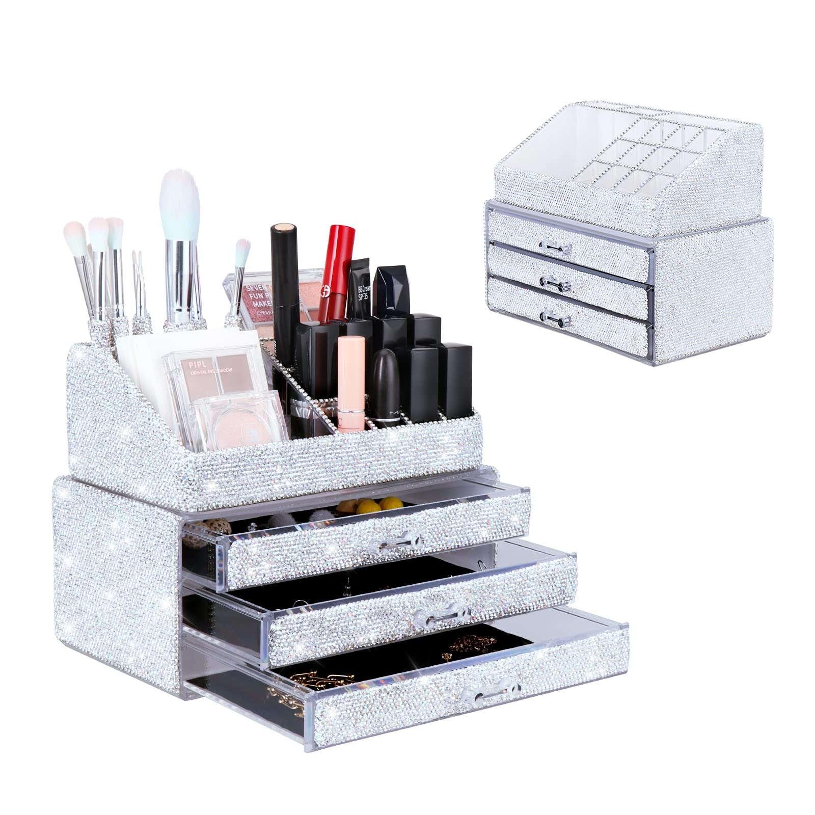 Make-up-Organizer, Schmuck, Kosmetik-Aufbewahrungsboxen, Make-up-Pinselhalter, Kosmetikhalter, glitzernde Diamant-Arbeitsplatte, Schmuckkoffer für Frauen, Mädchen (Neuweiß)